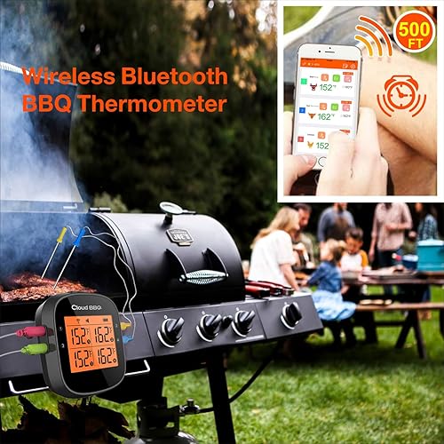 Miniatura 3 de Cloud BBQ Termómetro inalámbrico de carne de 500 pies, termómetro inteligente recargable para barbacoa con cuatro sondas, termómetro de carne