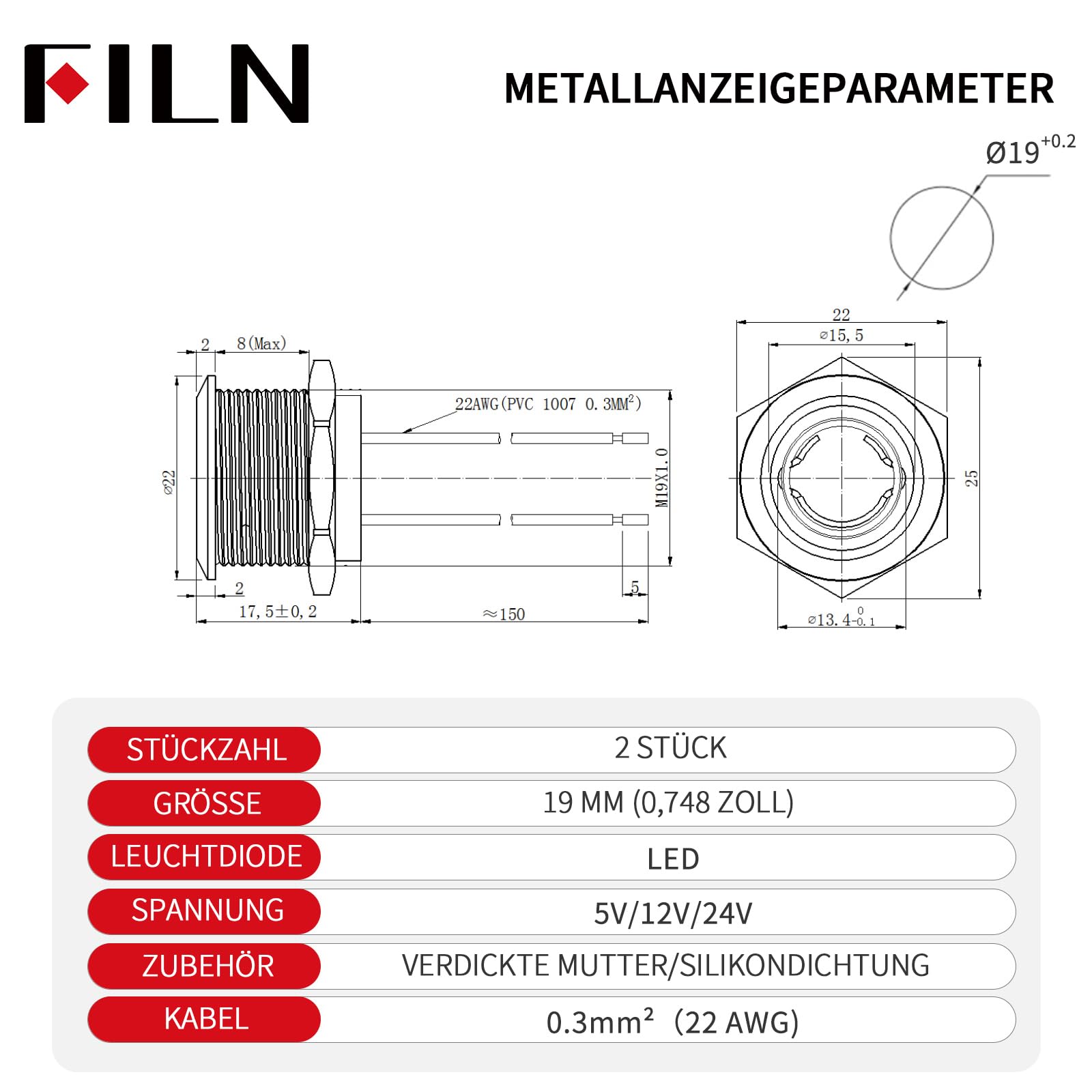 2Stück 19mm LED Kontrollleuchte Signallampe IP67 Metallgehäuse，185 wechselbare Symbole 12-24V DC，polaritätsunabhängig für Schaltschrank, Industrie, Marine, Wohnmobil（Rot）