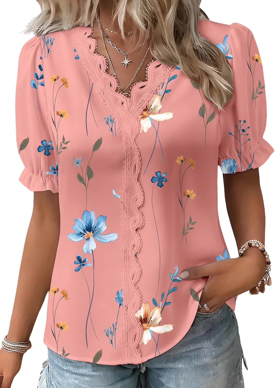 SHEWIN Womens Blouses Dressy Casual Lace V Neck Floral Tops Pulllover Short Sleeve Shirts Cute Summer Tops for Women 2026