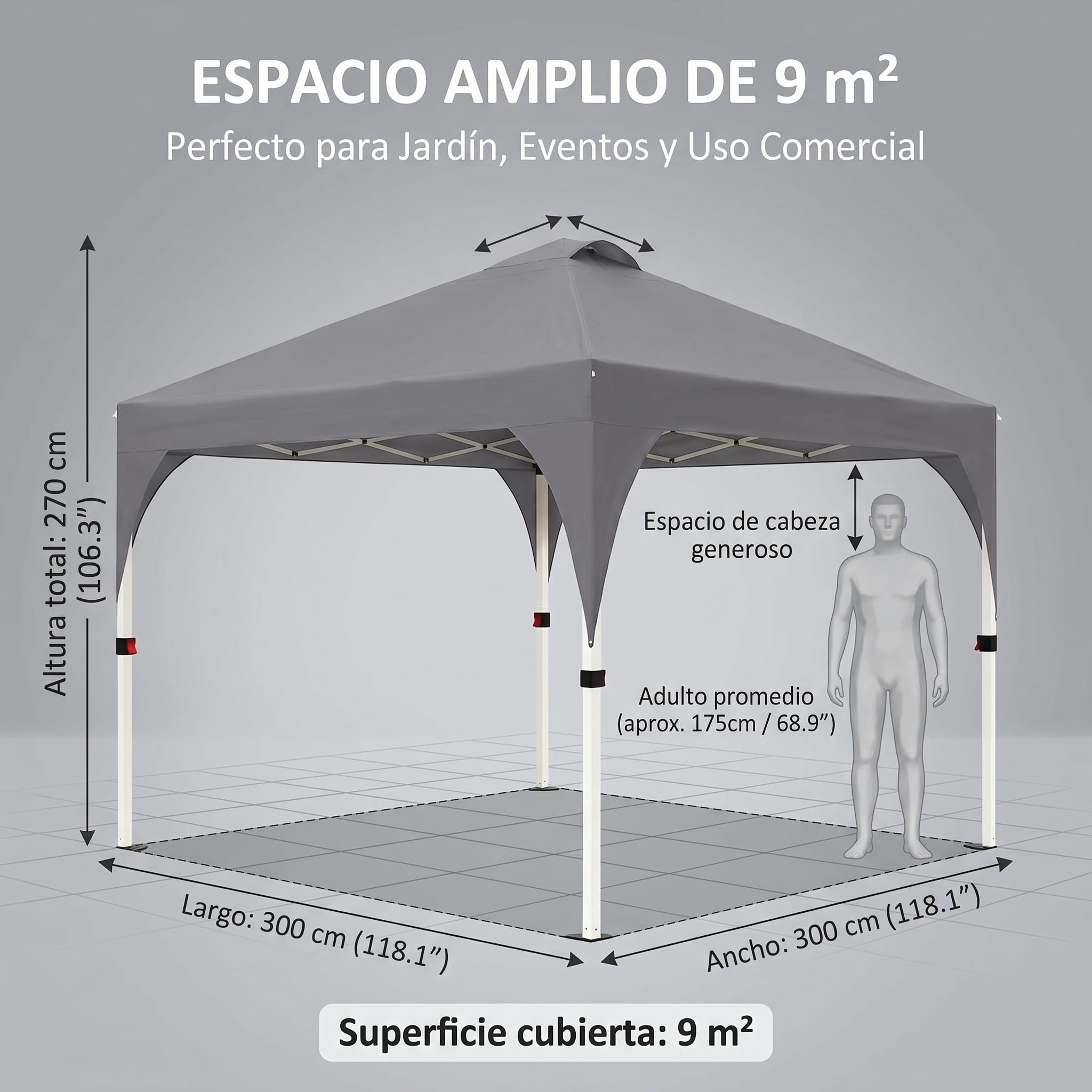Garvee Carpa Plegable Comercial para Exteriores 3x3 m, Mecanismo de Bloqueo Central, Tejido Oxford 150D con Revestimiento de PU Impermeable, Diseño Ventana de Iglesia Europea, Altura 270 cm, Gris