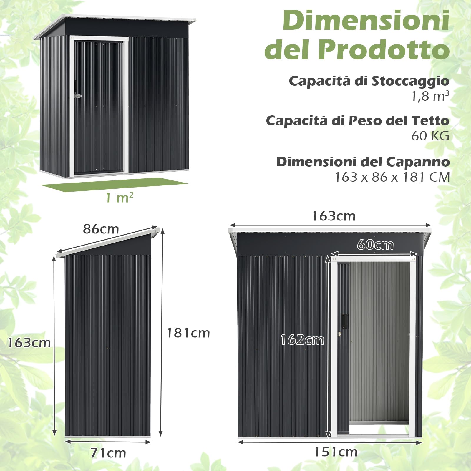 COSTWAY Capanno per Attrezzi da Giardino in Metallo, Casetta Porta Attrezzi in Acciaio con Porta Scorrevole Sistema di Blocco, Casetta per Stoccaggio per Prato e Cortile, 163 x 86 x 181 cm, Grigio