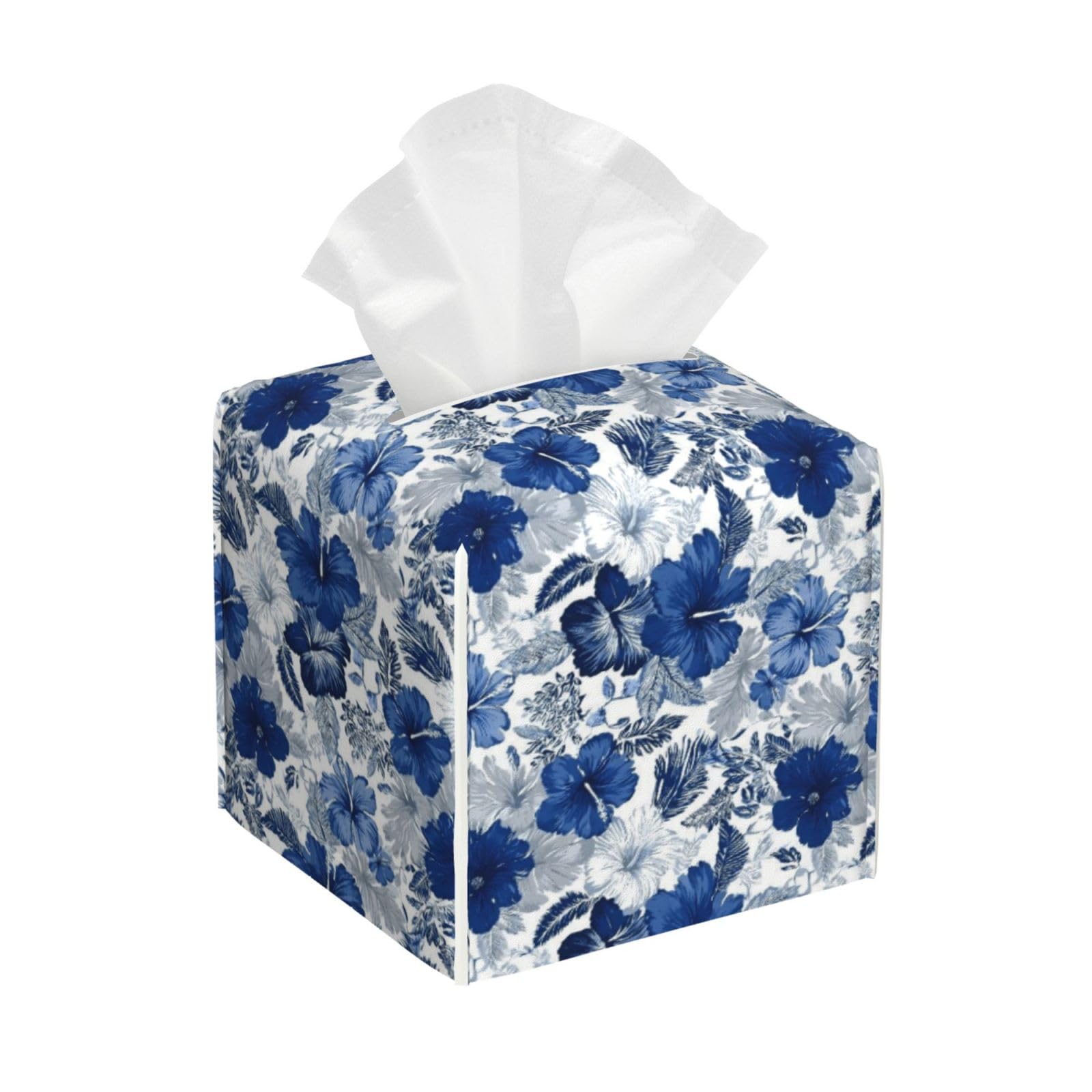 Ink Blue Tropical Flowers Print Tissue Box Cover Holder Square, Foldable Modern Cube Tissue Box Cover, Leather Decorative Organizer for Tabletop Bathroom Car Office Desk Decor