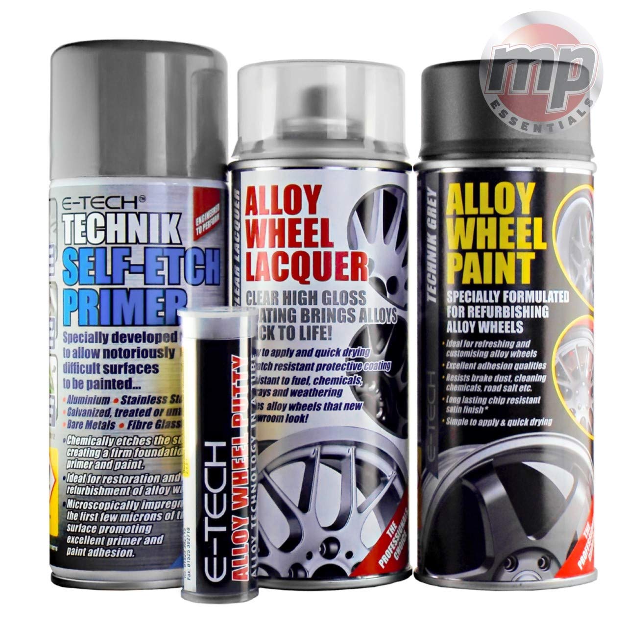 Mp Essential Technik Grey E-Tech 4 Step System Alloy Wheel Restore Refurbishment Repaint Pack | Alloy Wheel Primer, Lacquer & Paint With Free Putty Included (Technik Grey)