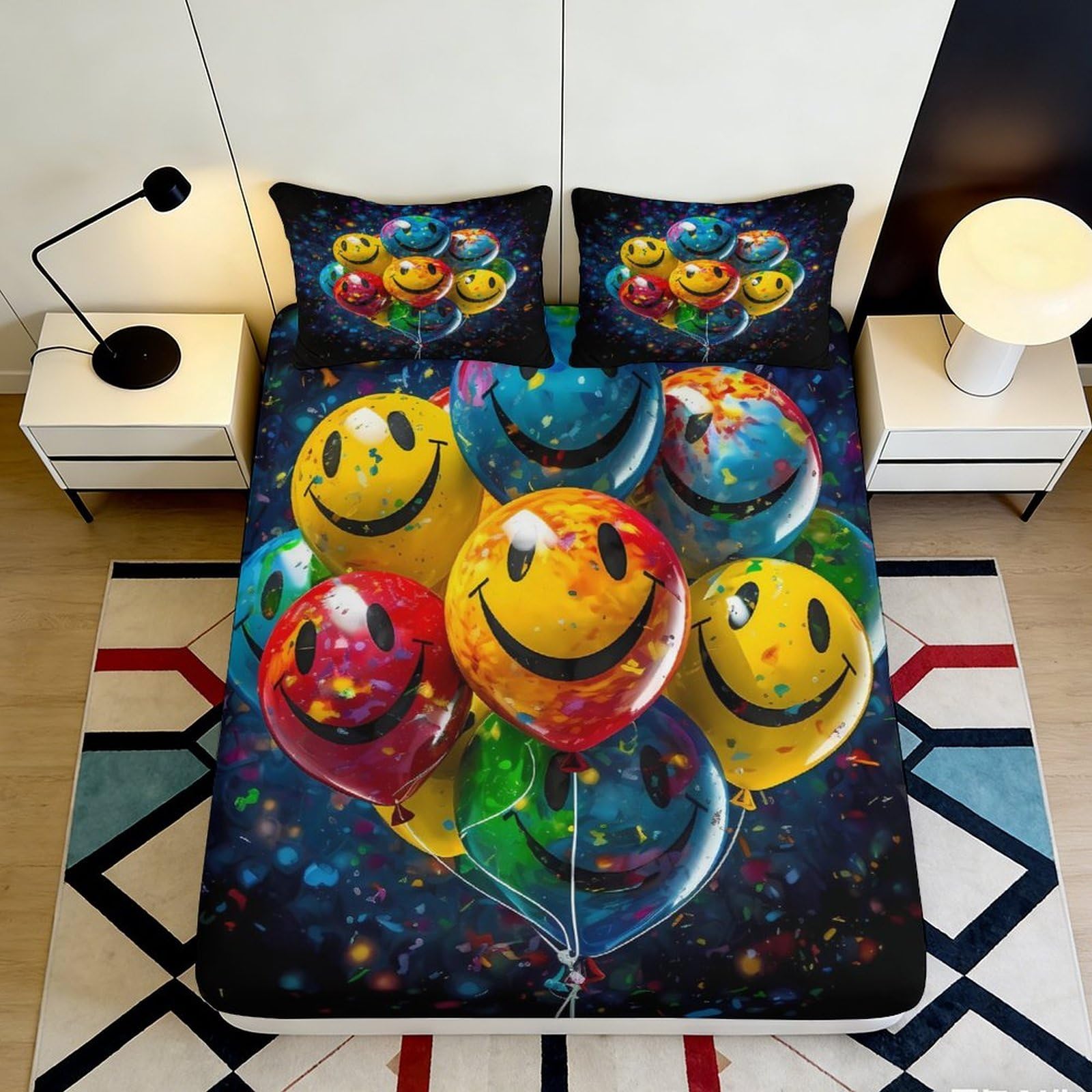 3D Printed Smiley Balloon Fitted Sheet Microfiber Colourful Bed Cover for Bedroom Guest Room Easy Care Decor 90x200x25cm