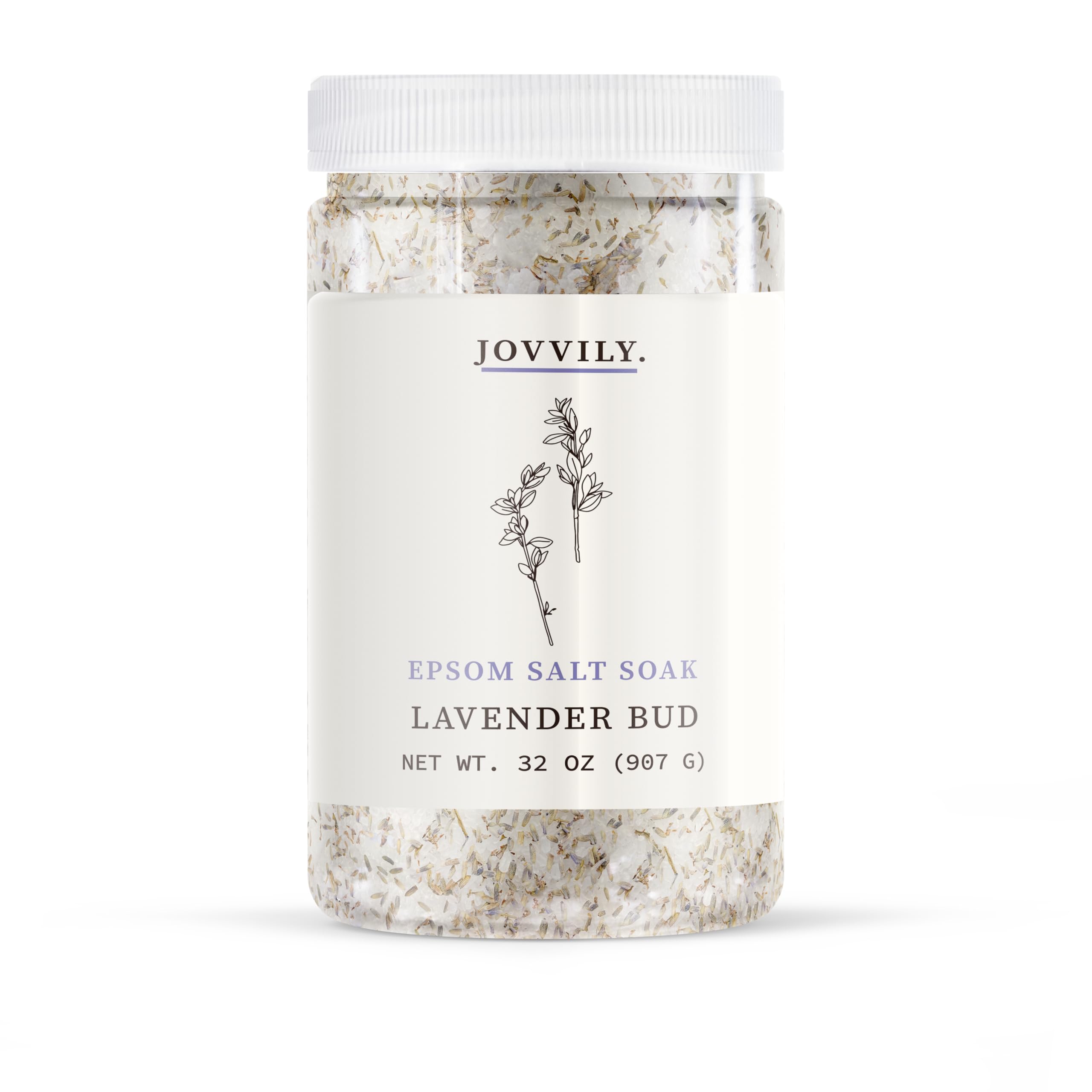 Jovvily Epsom Salt Soak with Lavender Buds & Lavender Essential Oil - 2 lb - Always Pure - Magnesium Sulfate Soaking Solution