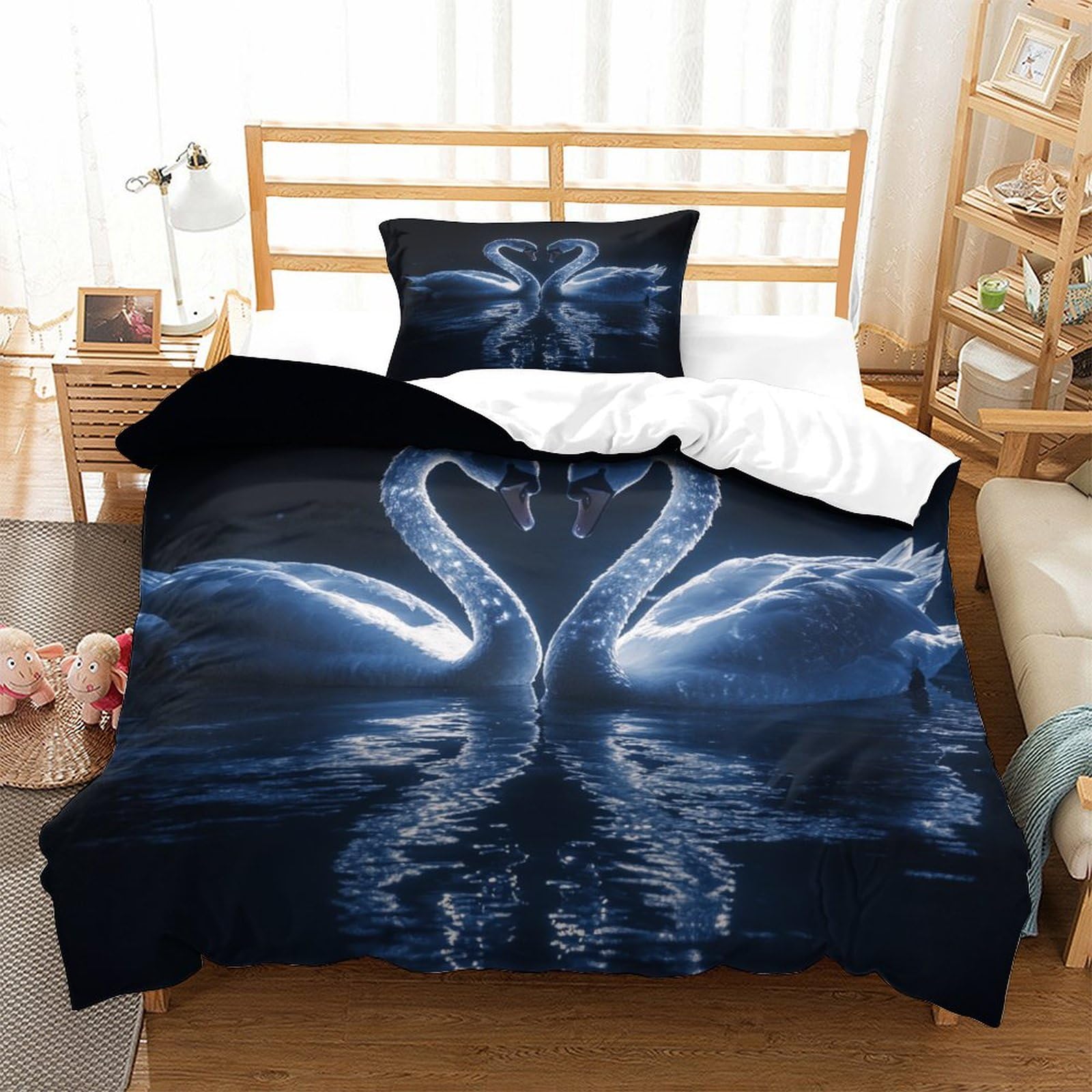 P1s9u7w5y Swan-1 Luminous Swan 3D Printed Duvet Cover Set 3Pcs Microfiber Tranquil Lake Swan Bedding Set Single（135X200cm）