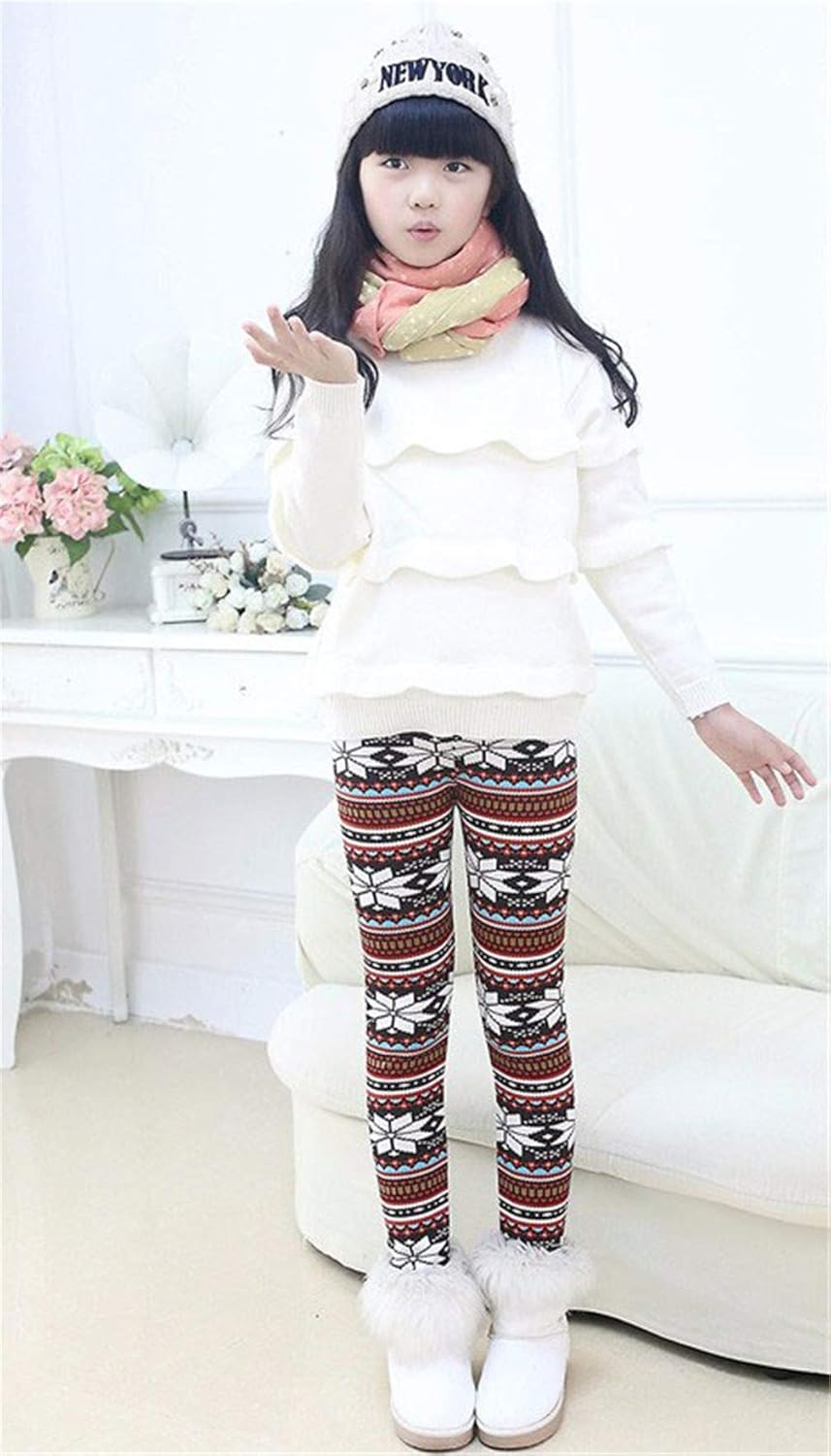 Rysly Girls Winter Thick Warm Long Pants Printing Fleece Lined Leggings - Image 3