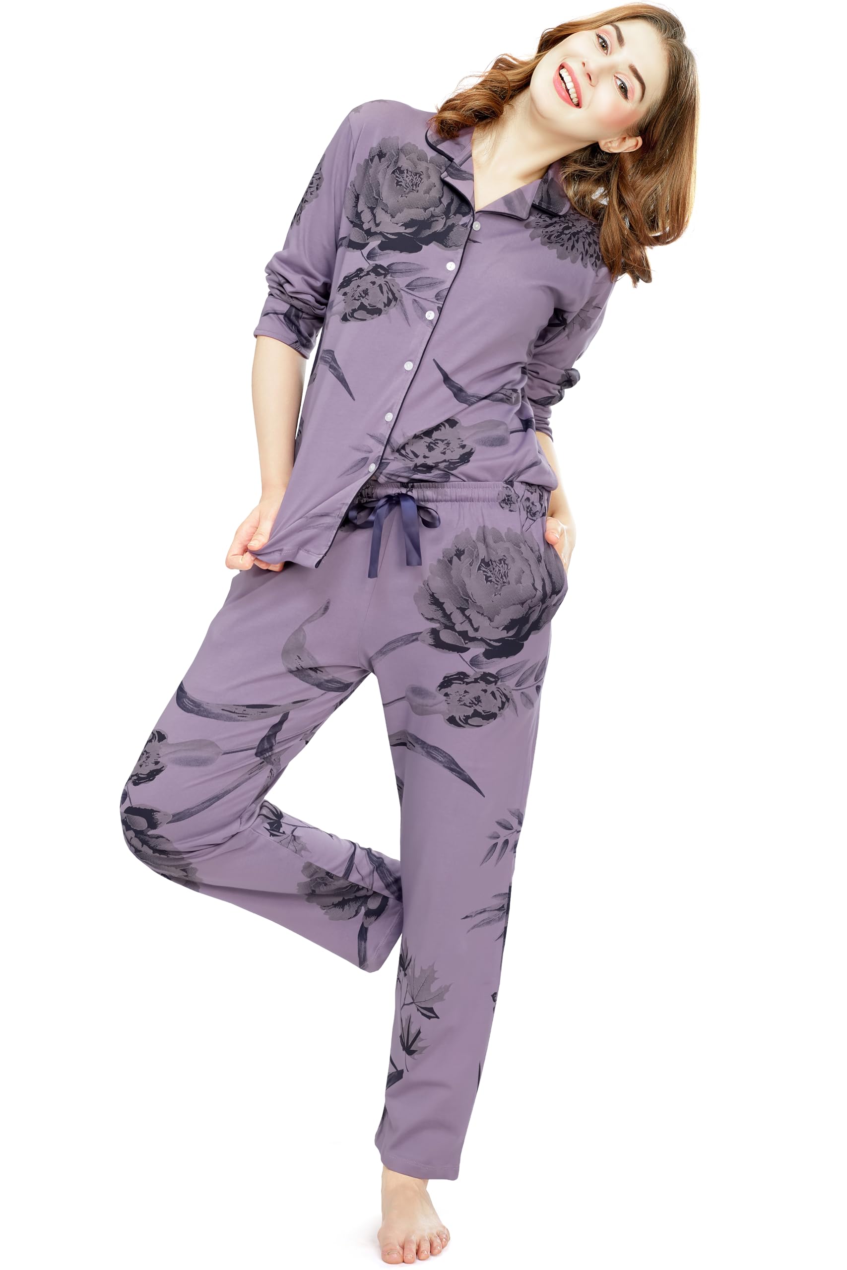 Night Suit for Women's Floral Printed Cotton Night Dress of Shirt and Pajama Set 5760