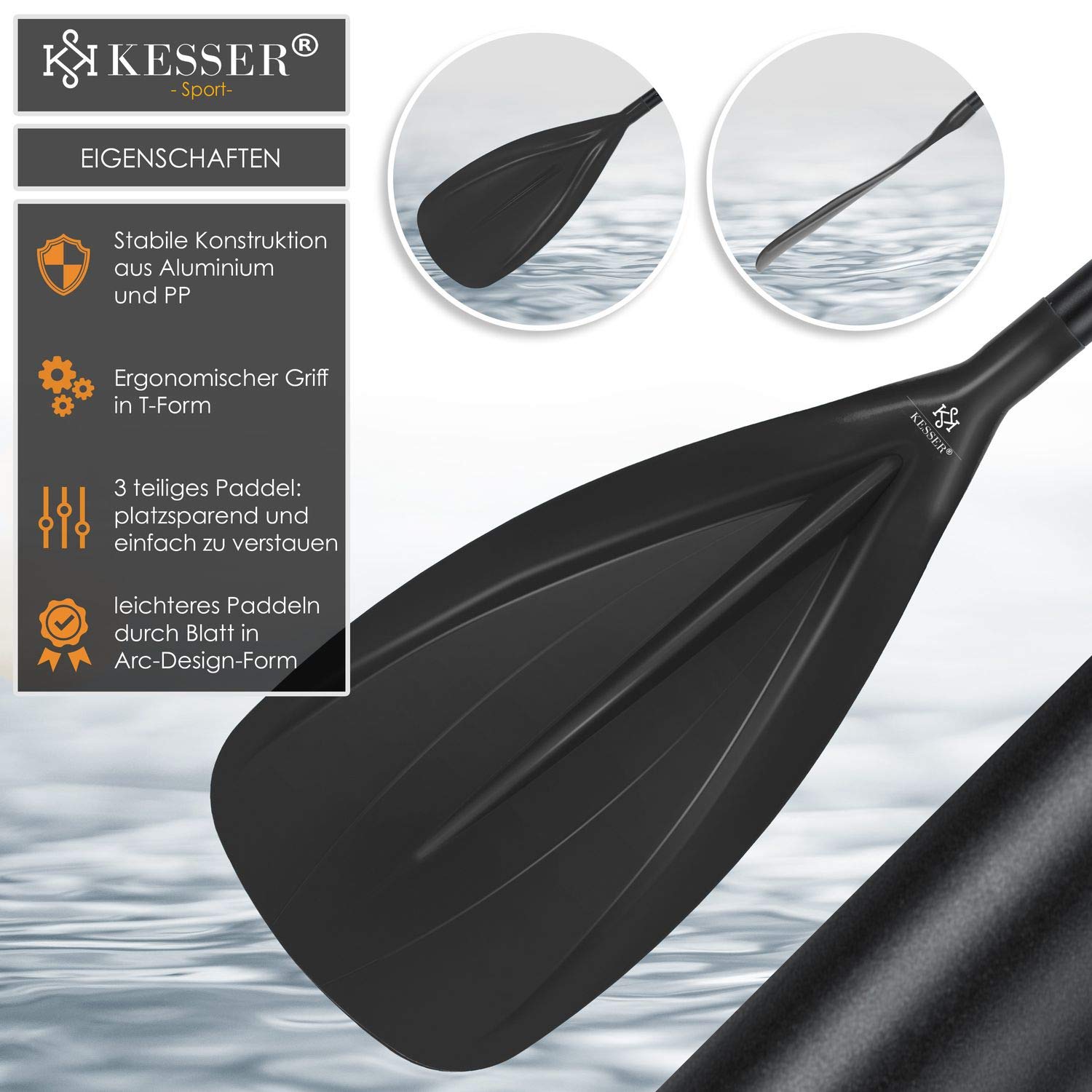 KESSER® Paddle - 3-teilig für Kayak SUP Stand-Up Paddling Board Stechpaddel, Verstellbar Teleskop 165cm-215cm Aluminum für Stand Up Paddel Kajakfahren Surfboard Boot Anti-Rutsch Stecksystem