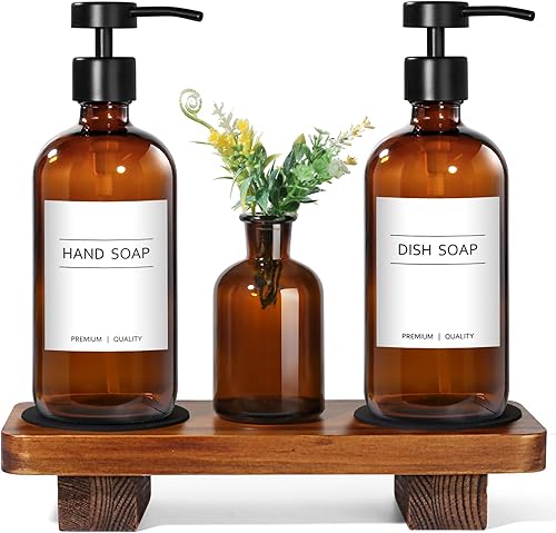 Miniatura 9 de Juego de dispensador de jabón de cocina con bandeja elevadora de madera, dispensador de jabón de vidrio ámbar con bomba de acero inoxidable