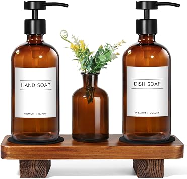 KASUNTING Amber Glass Soap Dispenser with Upgraded Flat Pump, Dish Soap Dispenser for Kitchen, Hand Soap Dispenser for Bathroom, Decorative Vase & Wood Riser Bathroom DecorAmber02