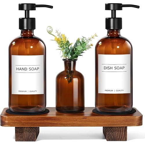 KASUNTING Amber Glass Soap Dispenser with Upgraded Flat Pump, Dish Soap Dispenser for Kitchen, Hand Soap Dispenser for Bathroom, Decorative Vase & Wood Riser Bathroom Decor(Amber02)