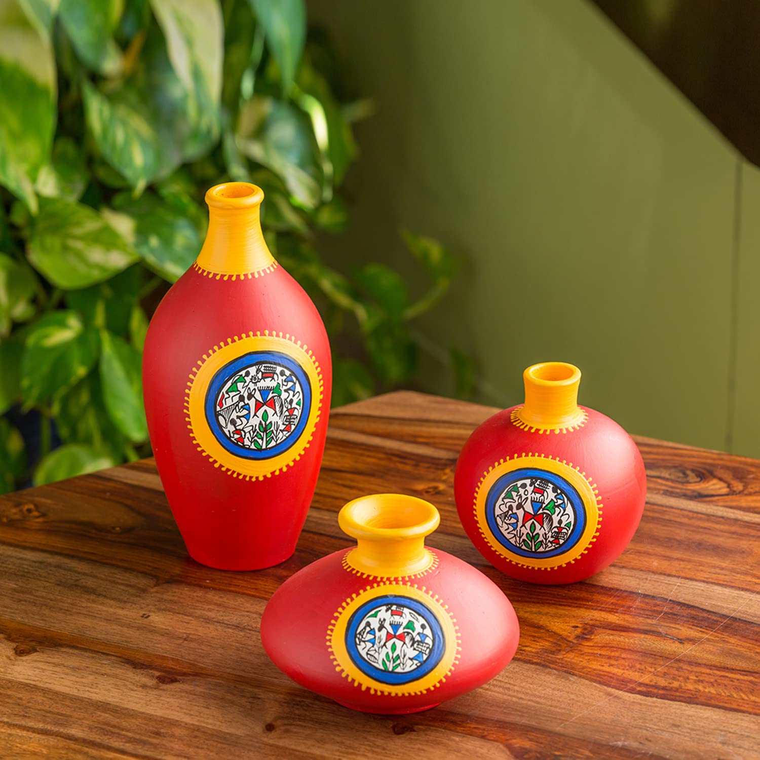 ExclusiveLane Pear & Matkis Trio HandPainted Warli Pots Flower Vases