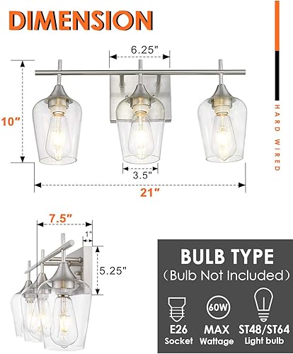Miniatura 6 de WL9167-3C - Lámpara de baño de 3 luces sobre espejo, 21 pulgadas de níquel cepillado, modernos apliques de pared de baño de granja con pantalla de