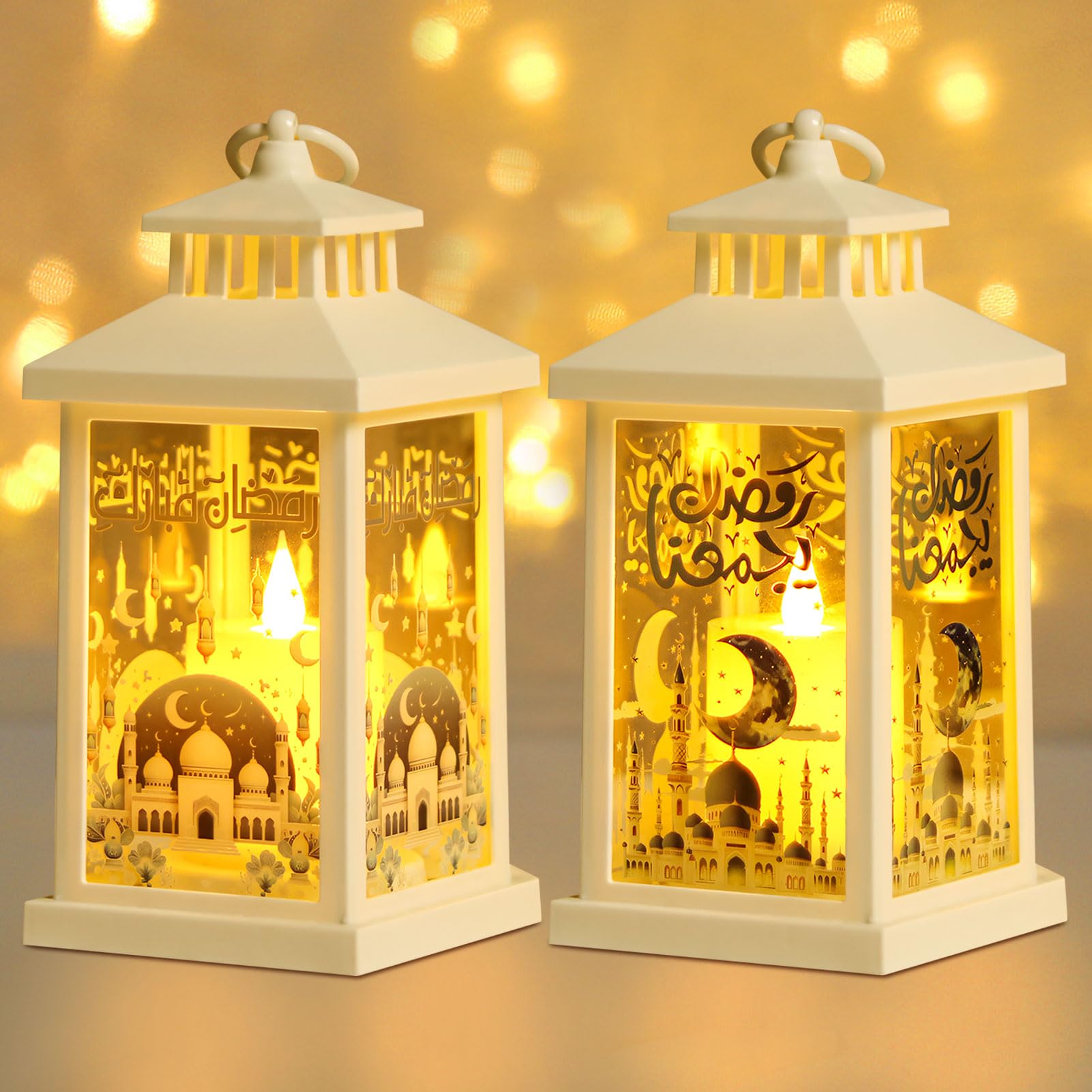 Decoratieve lantaarn voor Ramadan, 24,5 cm, ramadan decoratie, lantaarn, Eid Mubarak-decoratie, groot, met warm wit ledlicht, maan, ster, windlichten, tafeldecoratie voor islamitische moslimdecoratie