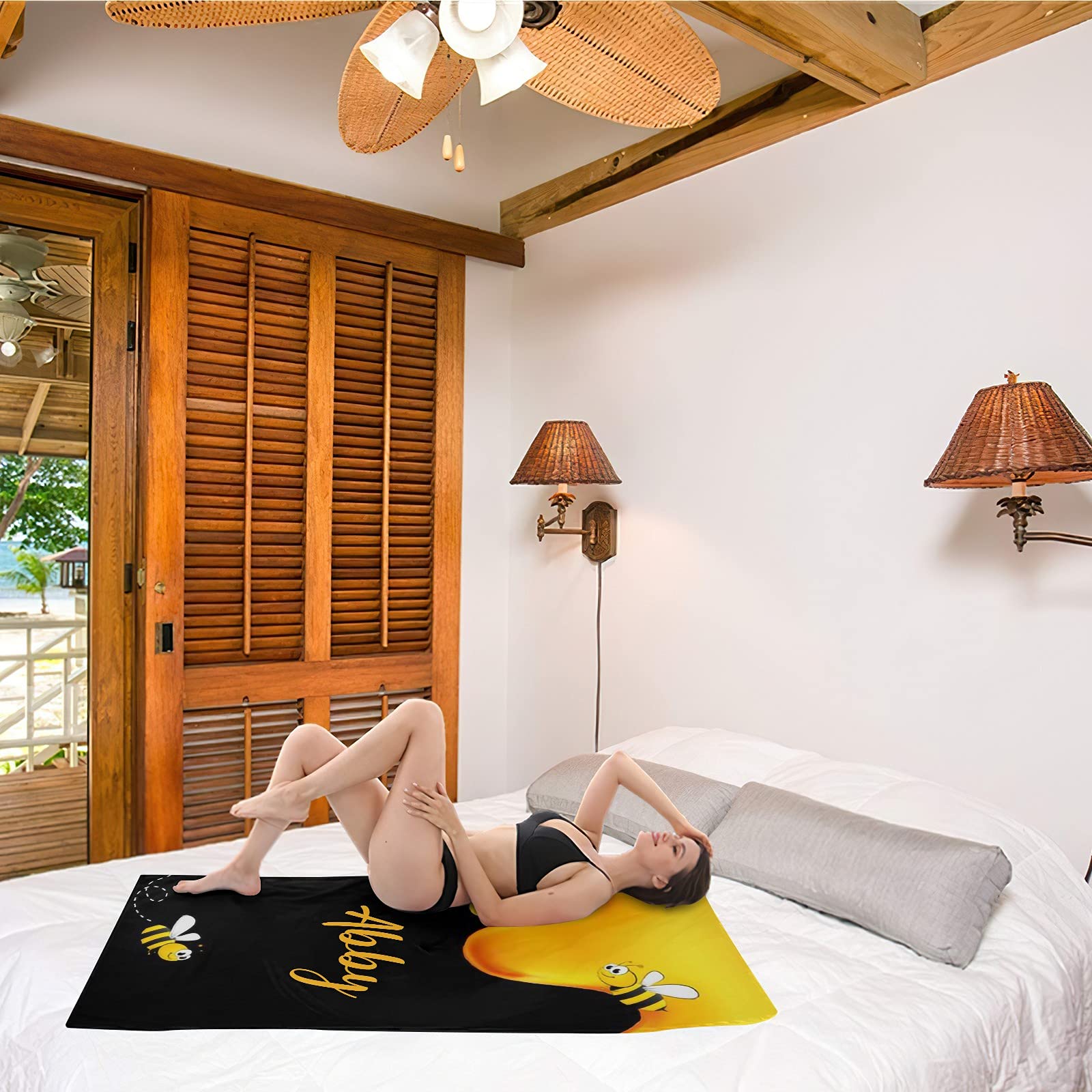 XOZOTY Bumble Bees Honey Personalized Beach Towel Custom Name Bath Towels for Women Men Kids 30 x 60 inch,Double Sides Printed