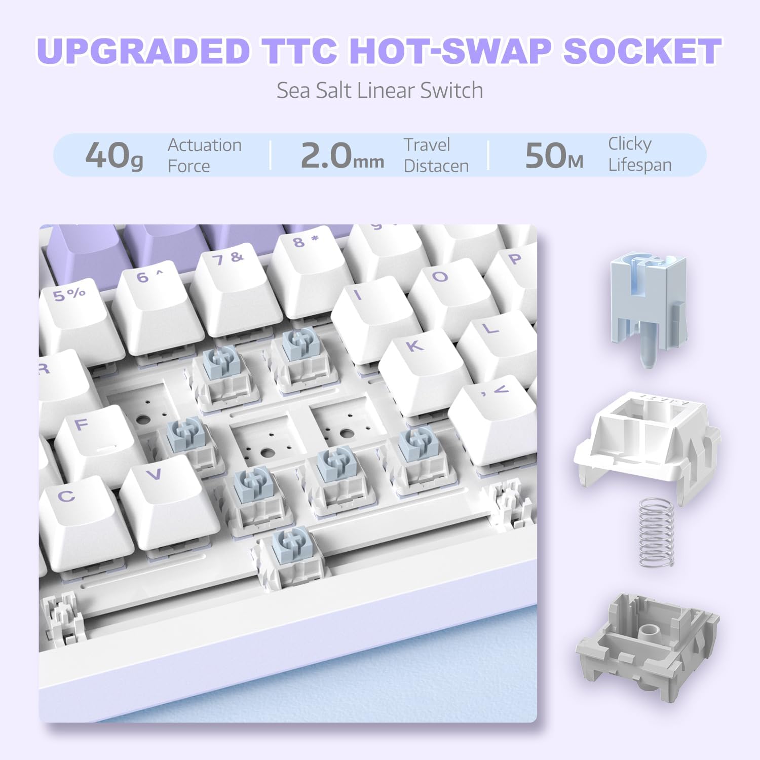 Close-up of the keyboard showing a keycap and switch being removed, highlighting the hot-swappable socket