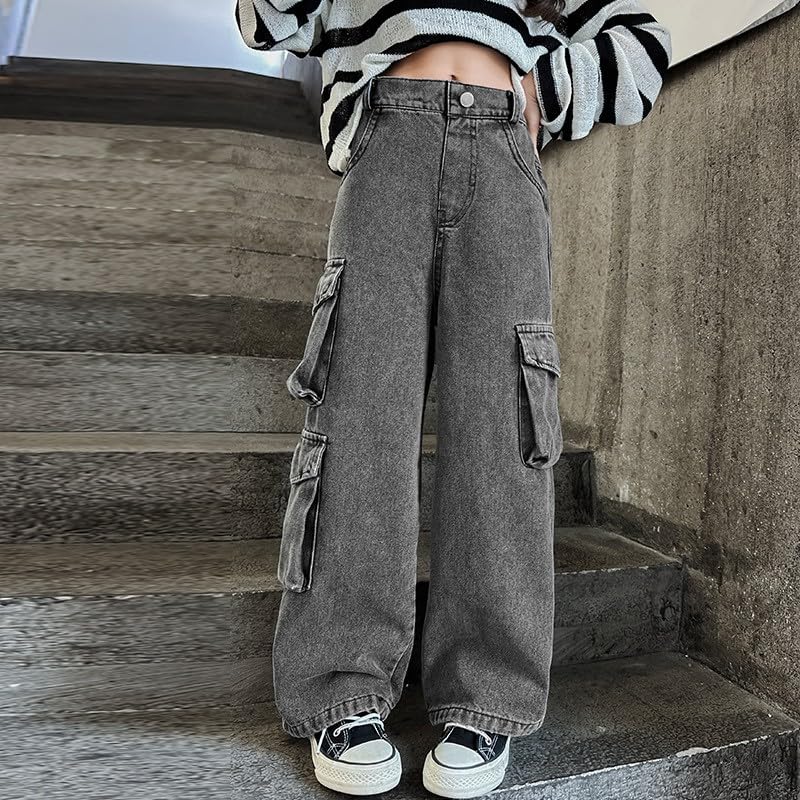 Girls Baggy Jeans Kids Y2K Streetwear Trendy High Waisted Straight Wide Leg Denim Cargo Pants with Multi Pockets2