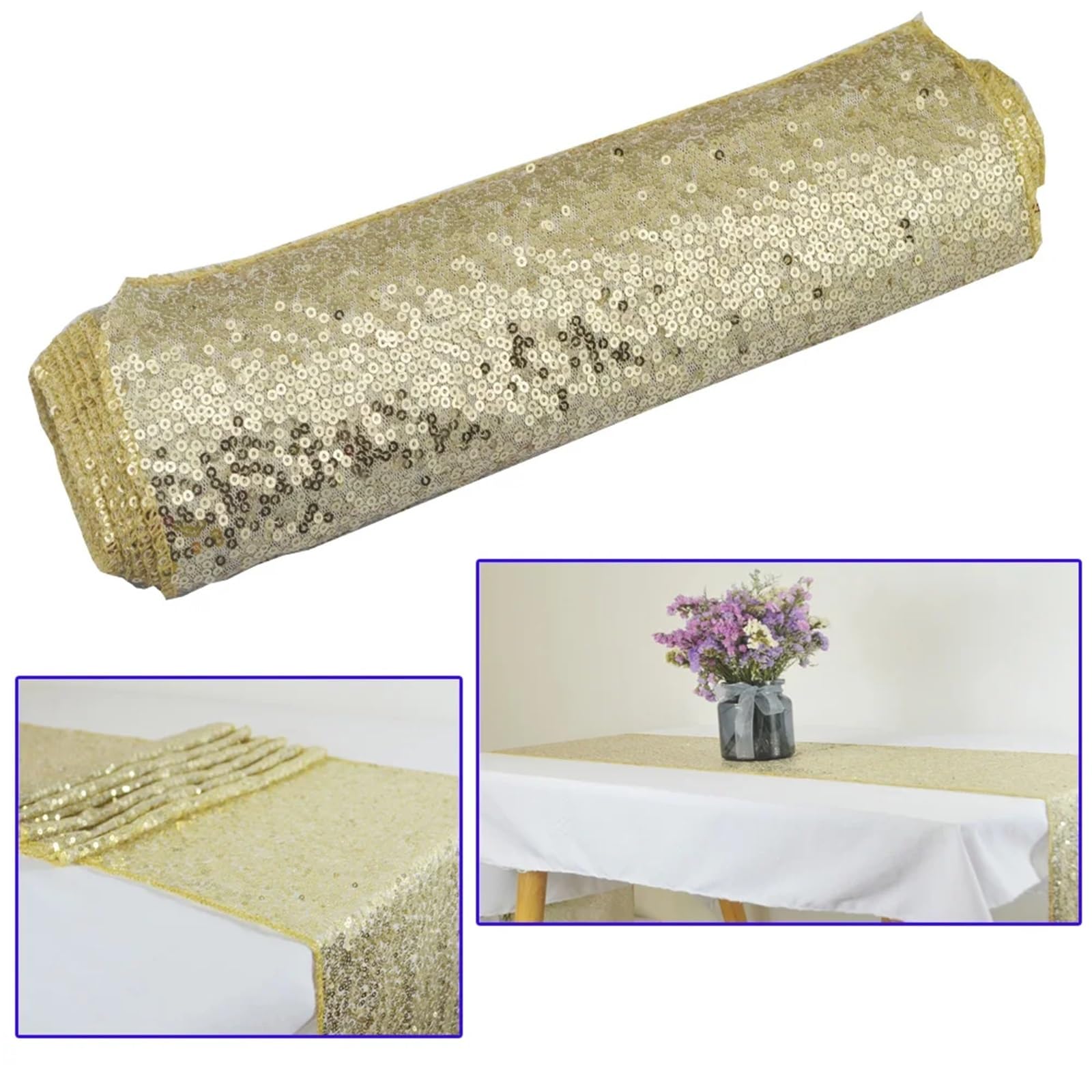 Parchemin de Table Paillette (5pcs/10pcs) Embroidery Sequin Shiny Table Runner for Christmas Birthday Shower Dinning Table Cover Wedding Table Decoration(Gold,30X140CM_5PCS)