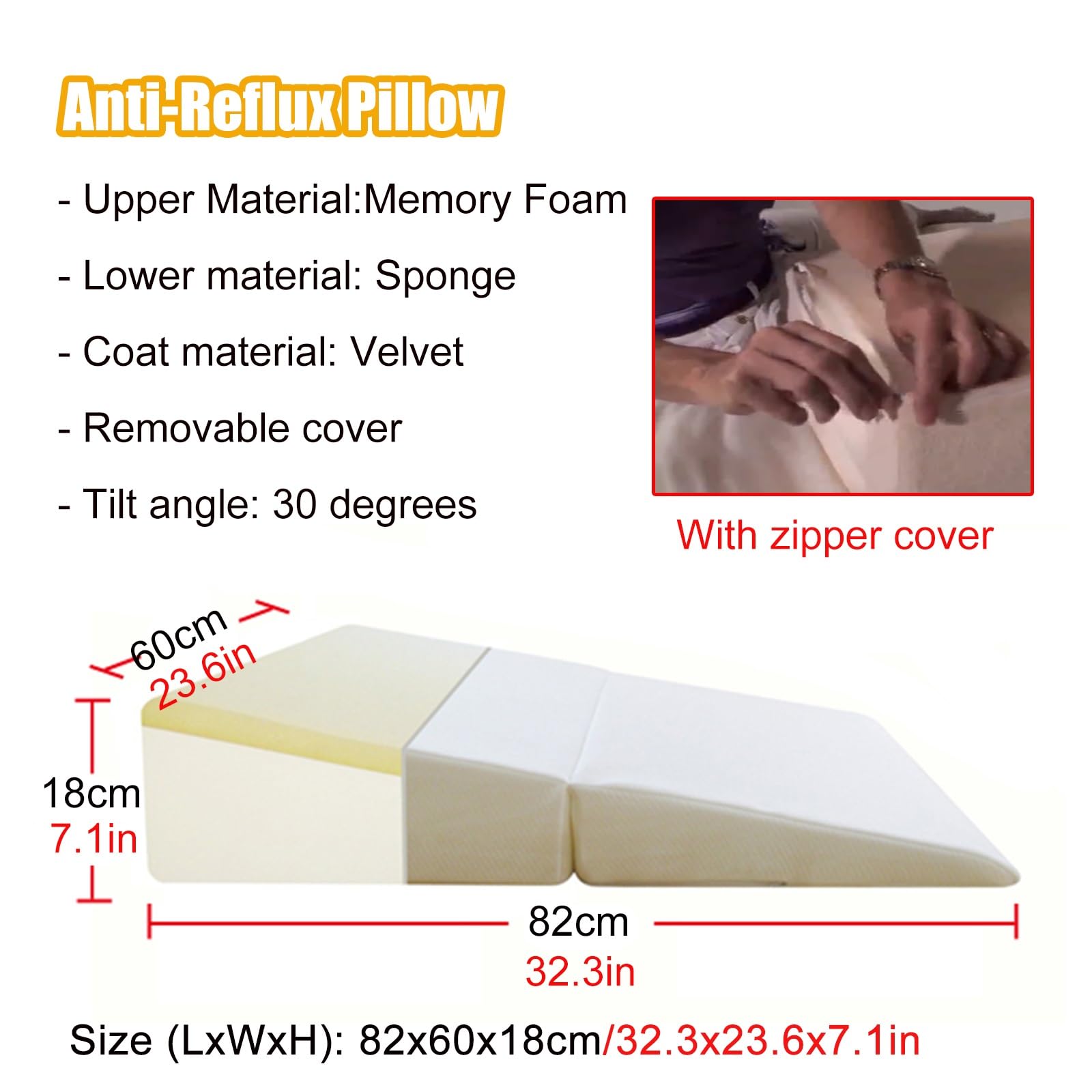 Almohada reflujo Almohada de cuña de Cama Blanca de 7 Pulgadas para reflujo ácido y GERD, Juego de Almohada Triangular de 30 Grados para Lectura/Descanso/Apoyo de piernas(60cm)