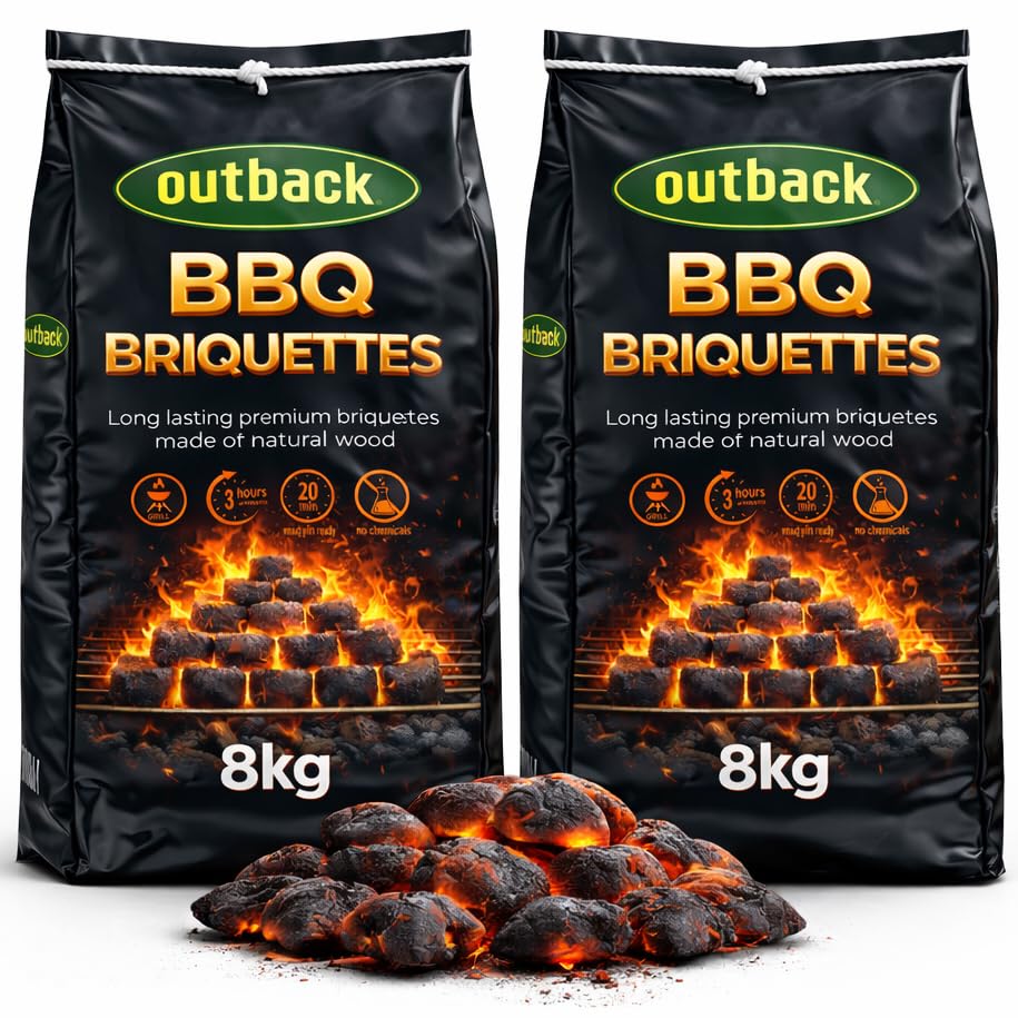 OUTBACK Briquettes 16kg Premium BBQ Charcoal Briquettes, Hotter Longer Burning Constant High Temperature Barbecue Charcoal Coal Perfect for Outdoor Grills (2x 8kg Bag)