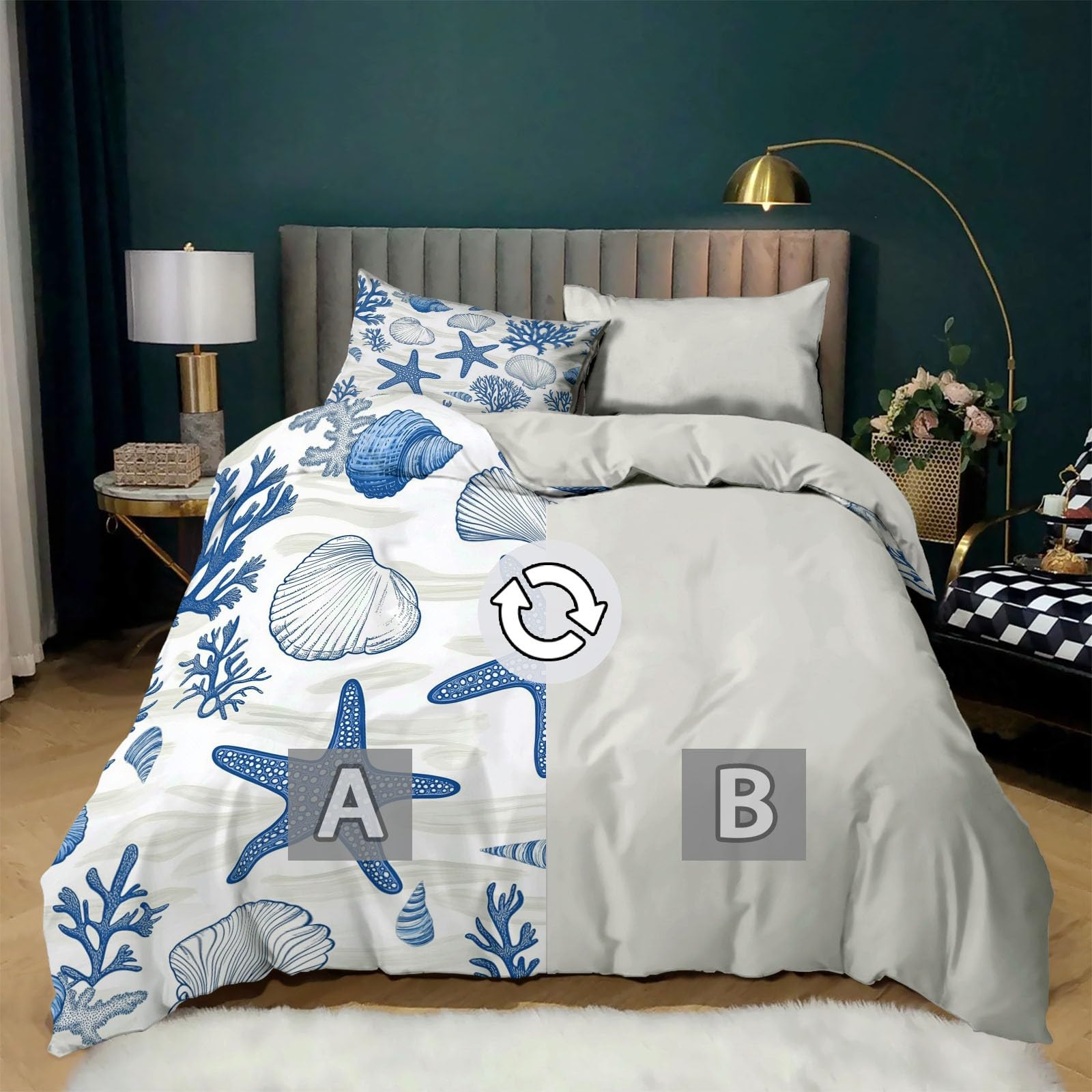 Juego de Fundas Nórdicas Suave 3 Piezas para Cama 90 - Estrellas de mar Azules corales y Conchas Patrón Funda Edredón Poliéster Algodón 150 x 200 cm + 2 Funda de Almohada 50x75,