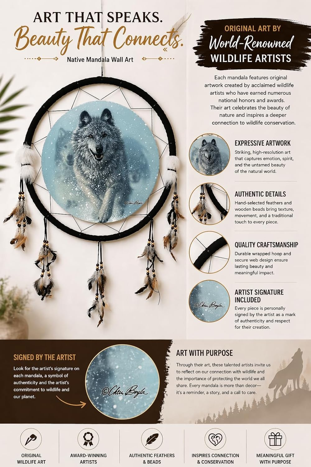 Kinnex Collections - 24” Medicine Shield Dream Catcher, Made with Wooden Beads and Real Feathers– Decor/Gift (Rainbow+Eagles)–DC24336