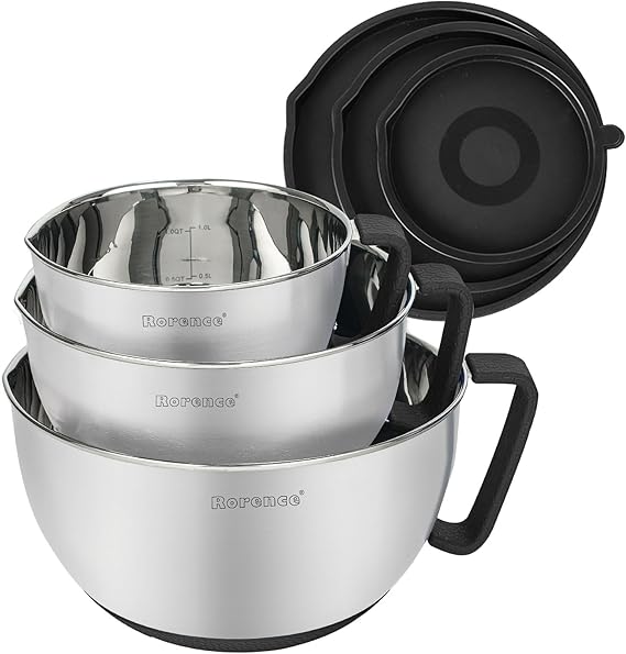 Rorence Stainless Steel Non-Slip Mixing Bowls With Pour Spout, Handle and Lid, Set of 3, Black