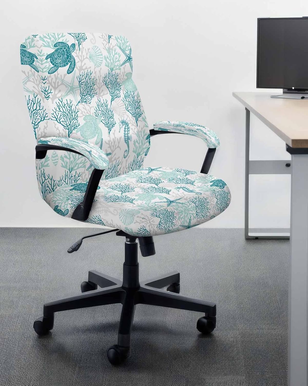 Ocean Gray Green Office Chair Cover Stretch Computer Chair Cover Spandex Desk Boss Chair Slipcover Summer Ombre Green Coral Sea Turtle Seahorse Starfish Chair Protector with Armrest Cover, Medium