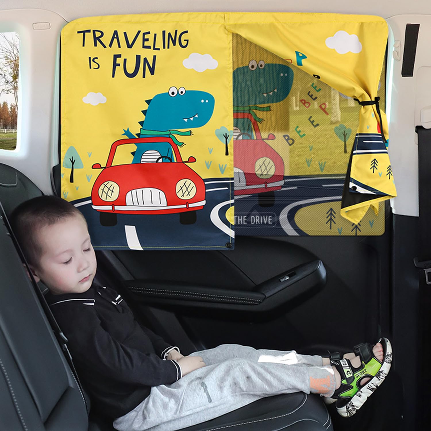 Kwak's Magnet Sun Shade Curtain for Car Side Window,Cartoon Double-Layer Car Window Shades for Privacy Protection and Sunshade (Dinosaur Yellow)