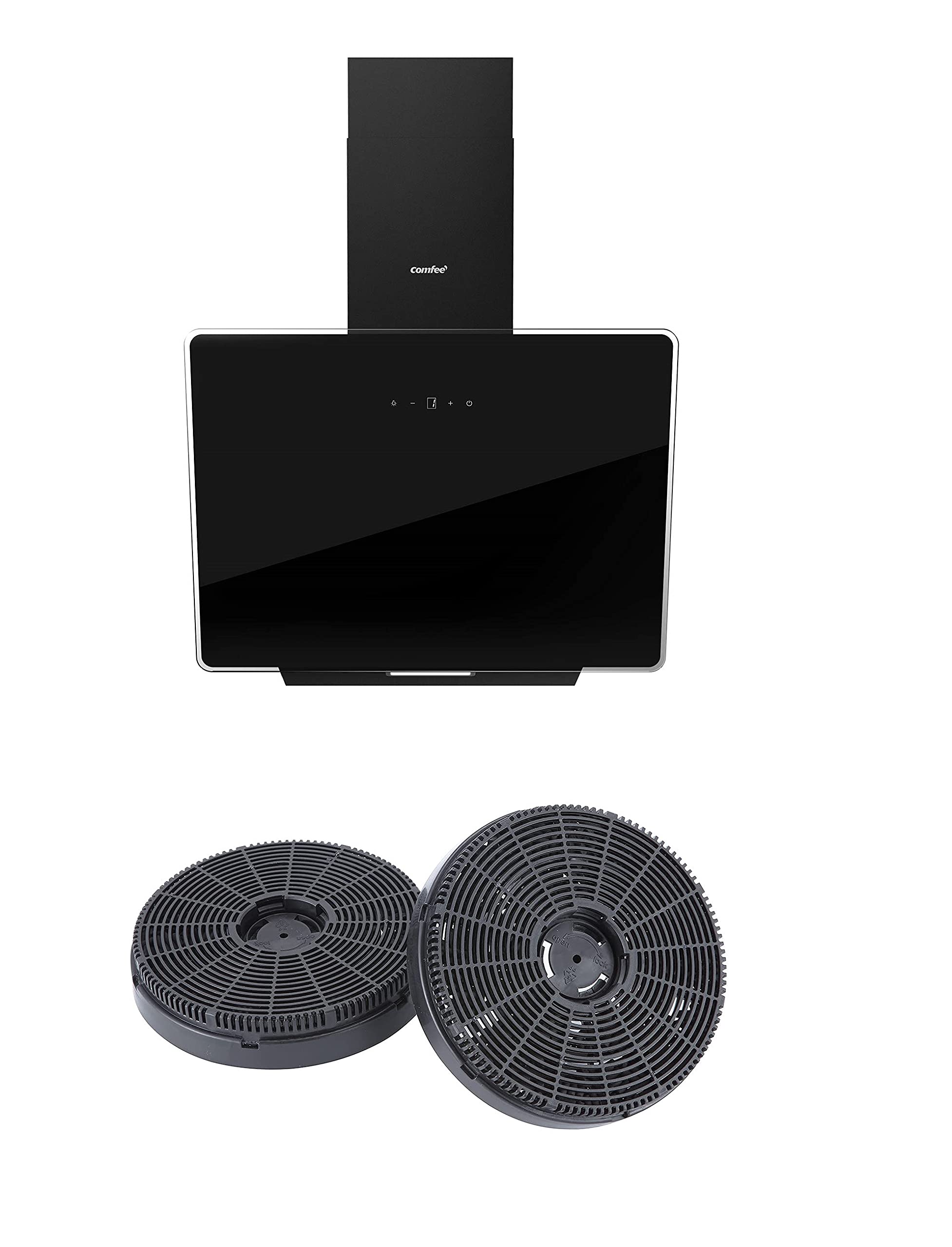 COMFEE' 60cm Angled Cooker Hood Class A++ Tempered Glass Extractor Hood with Touch Screen, LED and Recirculating & Ducting System Wall Mounted Extractor Fan kitchen, Black [Energy Class A++] — view 13