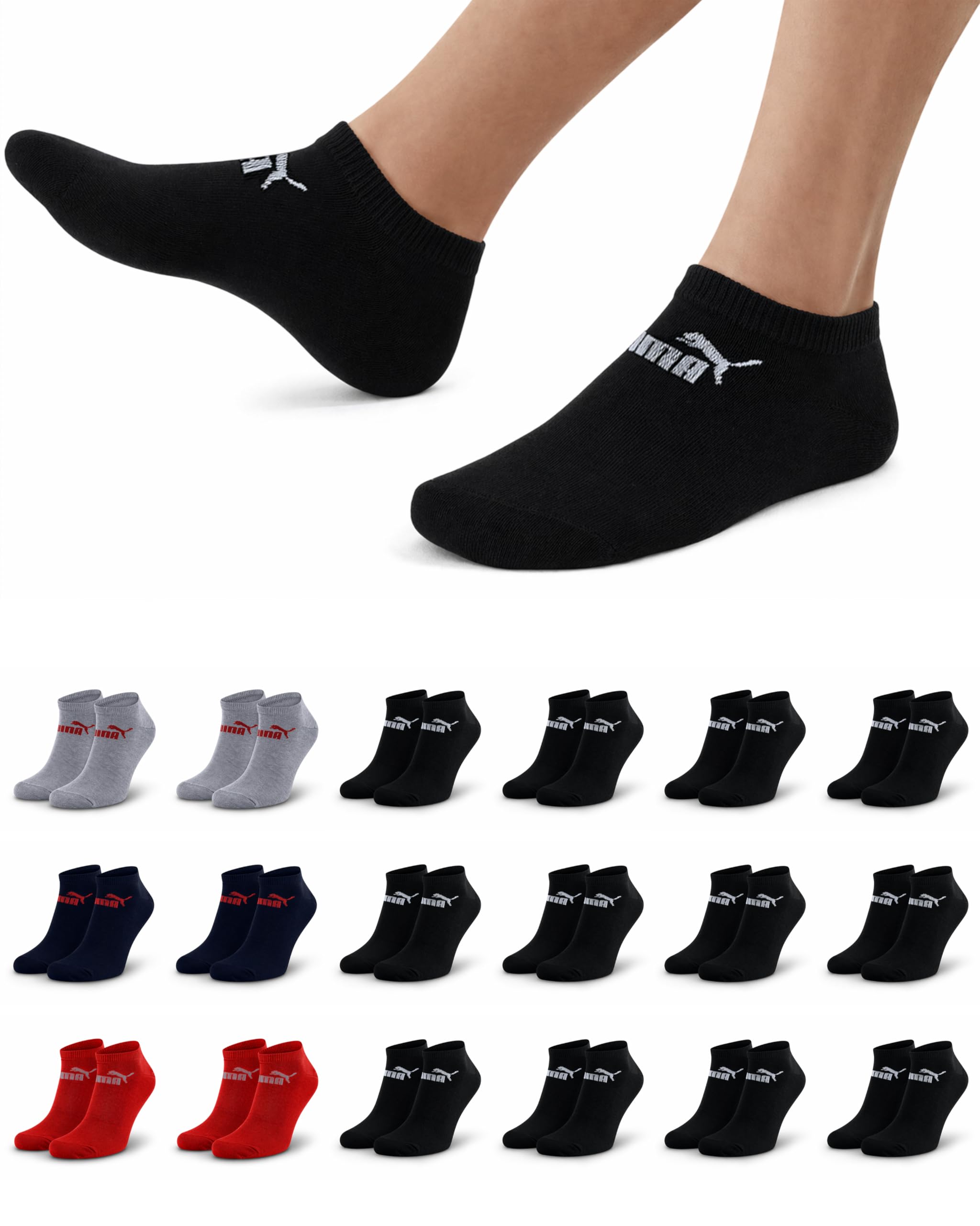 PUMA Sneakersocken 18 Paar Pack Statement Edition Damen und Herren | Baumwollmischung, elastischer Bund, flache Zehennaht, niedrige Schafthöhe, farbiger Mix, geeignet für Alltag, Büro, Freizeit.
