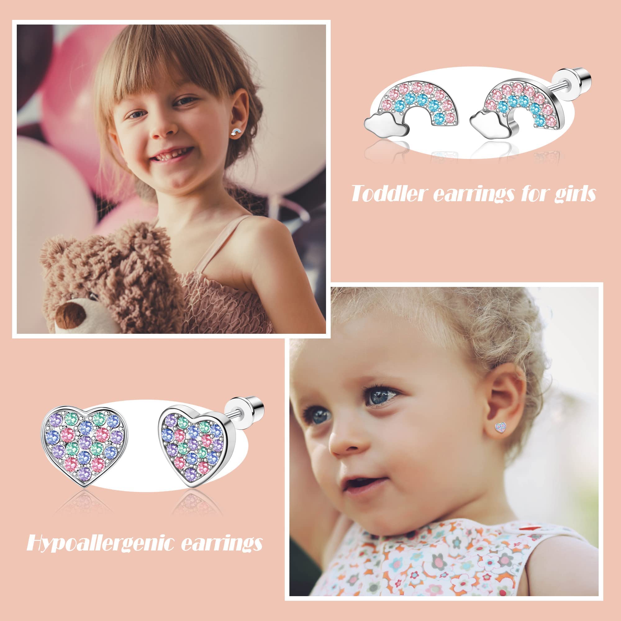 Diamday Hypoallergene Ohrringe mit Schraubverschluss für Mädchen und Frauen Edelstahl 316L Medizinische Ohrstecker CZ Blume Herz Schmetterling Schraubverschluss Rosa Mehrfarbig Ohrstecker-Set
