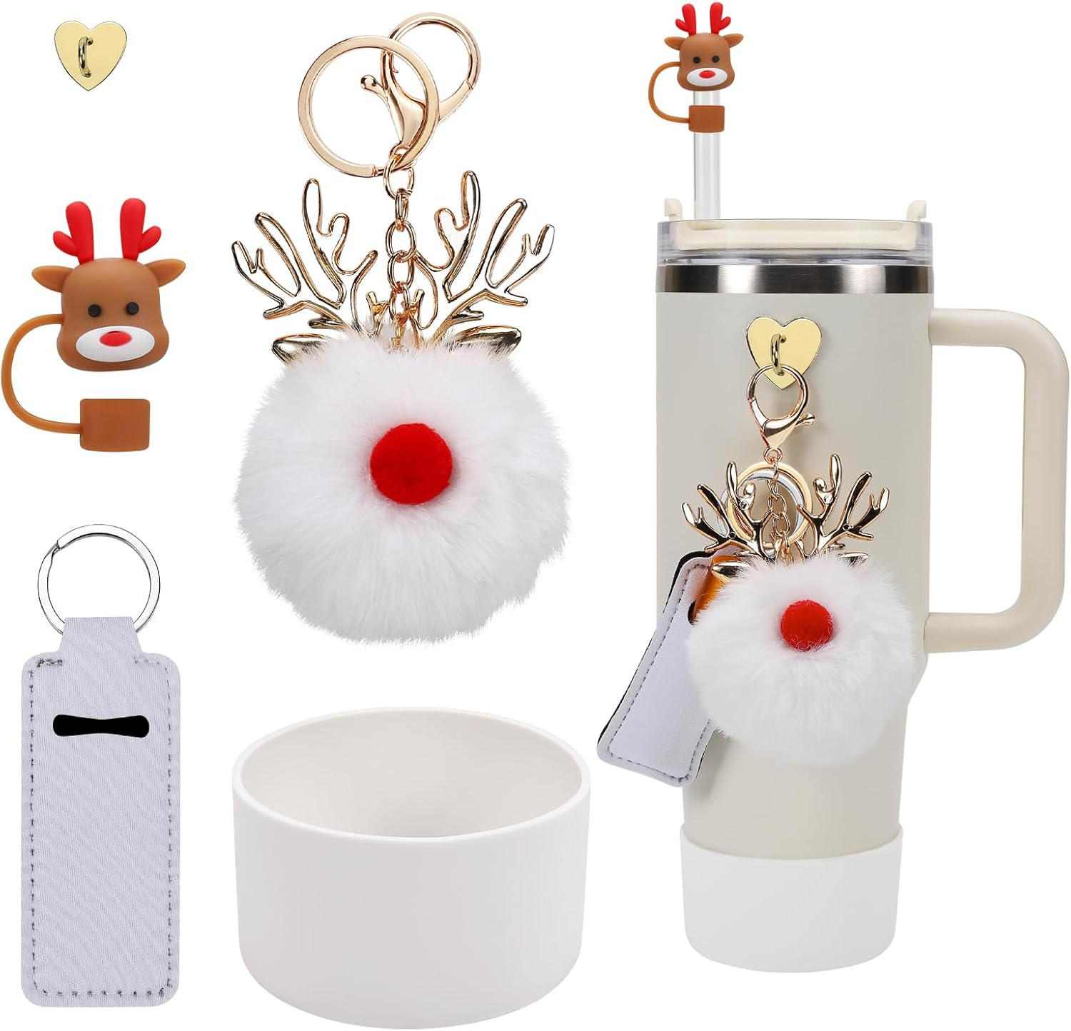 Stanley Christmas Accessories Set - Silicone Straw Cover, Cup Boot, Lipstick Holder, Charms for 40oz & 30oz Tumbler (White Elk)