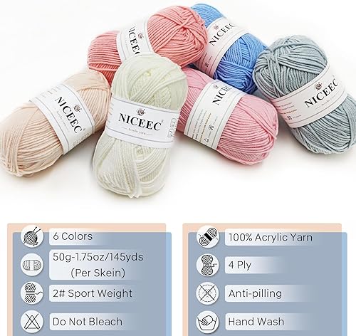 Miniatura 4 de NICEEC Hilo suave de colores surtidos de 6 x 1.76 onzas, hilo de bombones para tejido de ganchillo, hilo acrílico de 4 capas para proyectos de