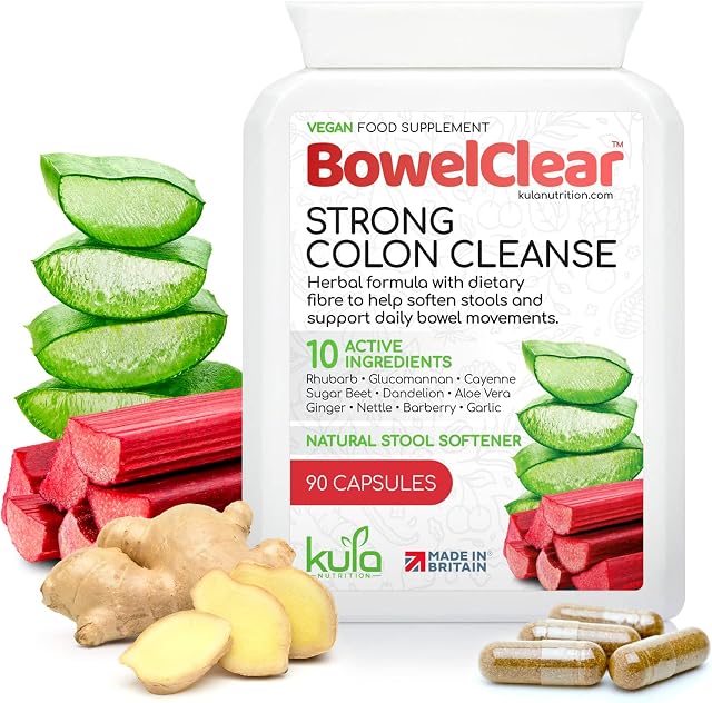 BowelClear Strong Colon Cleanse Detox - 90 Vegan Capsules - Natural Laxatives for Constipation Relief Tablets - Herbal Bowel Cleanse and Stool Softener with Aloe Vera + Fibre for Daily Bowel Support