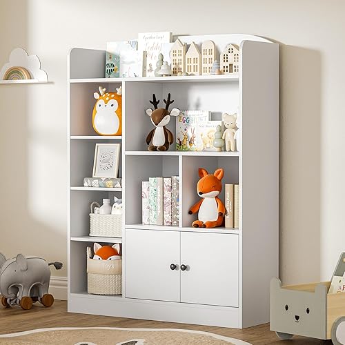 Miniatura 3 de White Kids Bookshelf, Kids Bookcase with 7 Cubbies and 2 Cabinets, Freestanding Book Storage Shelves for Bedroom, Playroom, Hallway, 35.4" W x 48" H