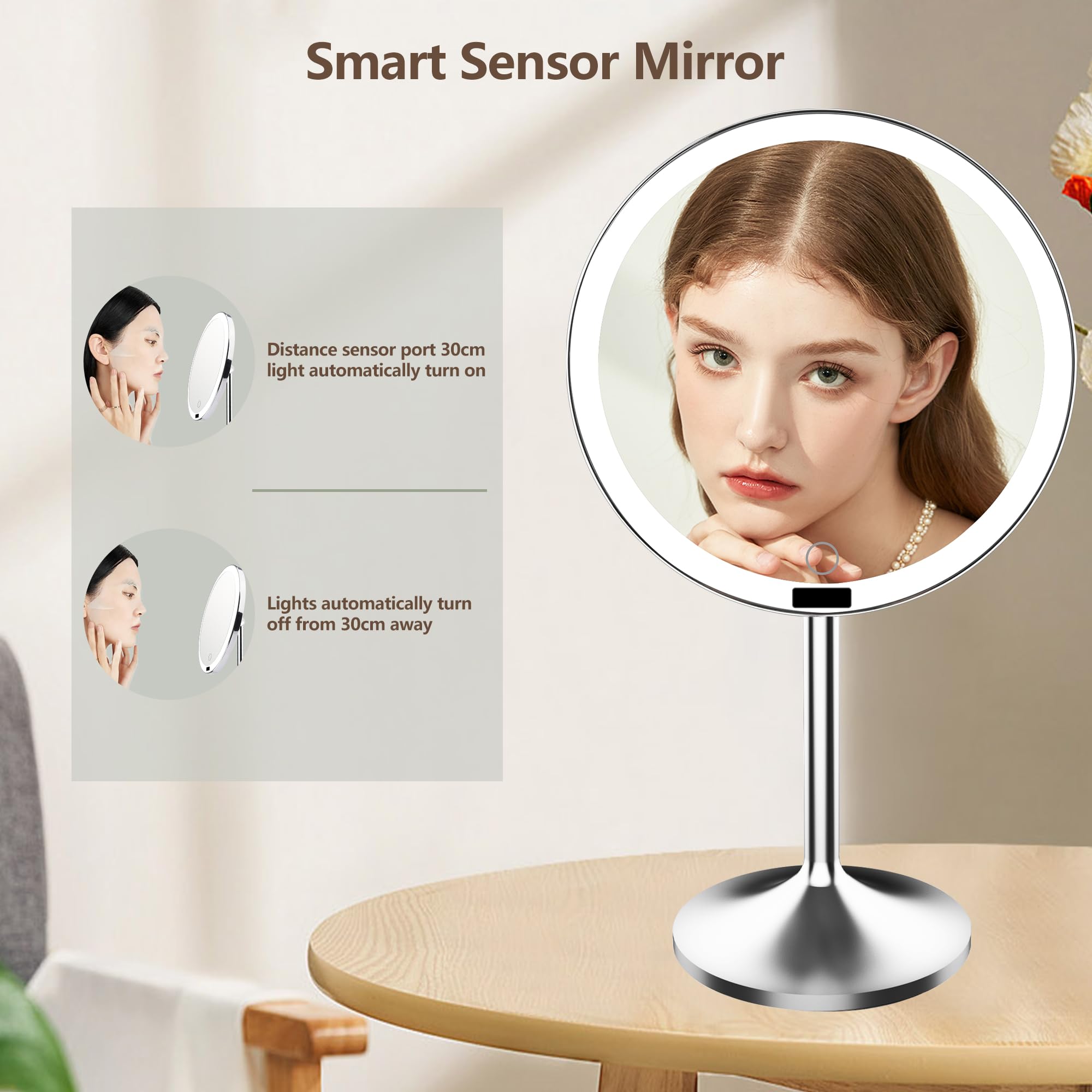 Espejo de tocador grande de 9 pulgadas con luces, espejo de maquillaje iluminado con espejo de aumento desmontable de 10X, 77 luces LED, espejo de maquillaje con sensor recargable de 4000 mAh