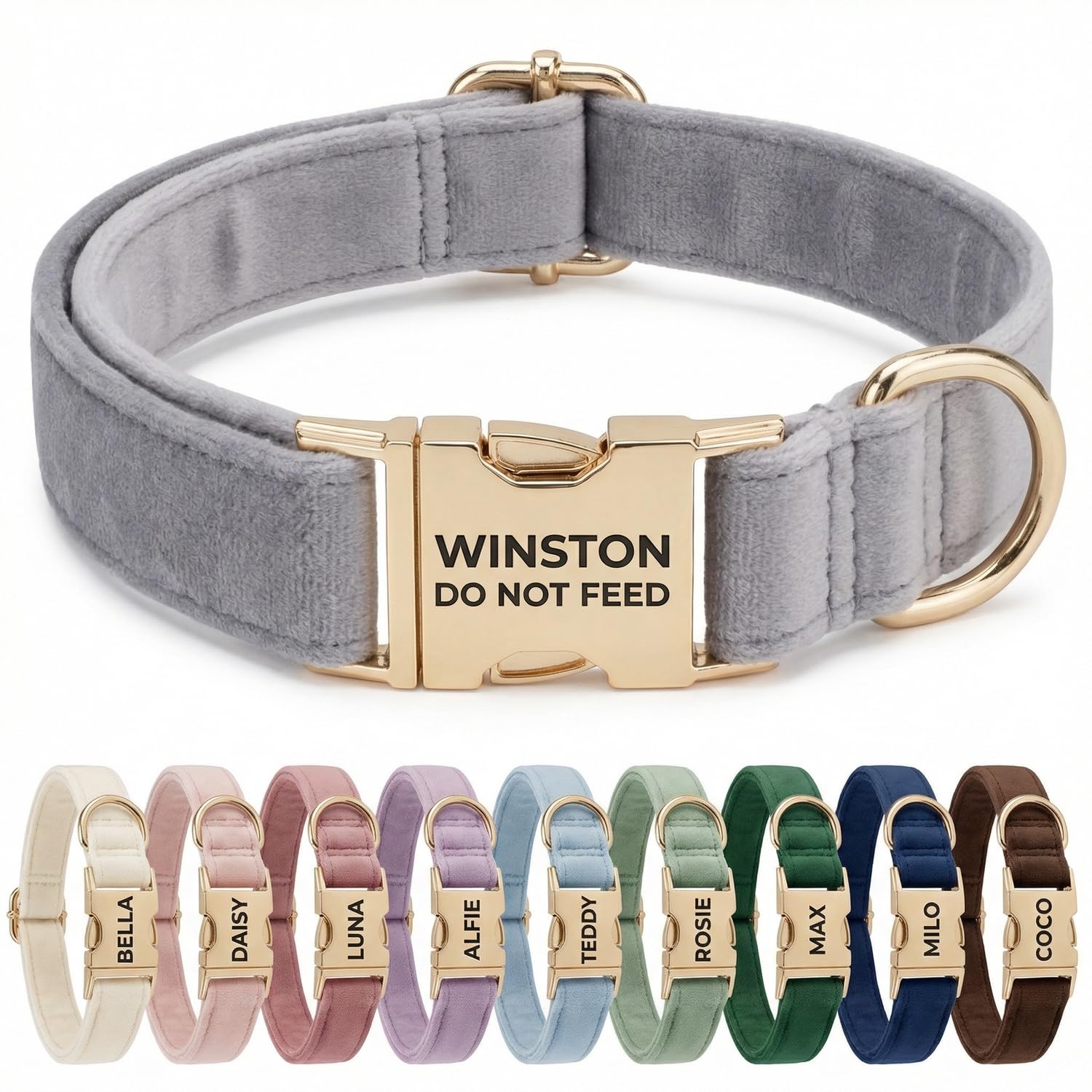 Personalised Velvet Dog Collar UK – Engraved Gold Buckle, Luxury Padded Soft Collar for Small Medium Large Dogs | Custom Name ID Tag, 18 Colours Available | Light Grey — image 1
