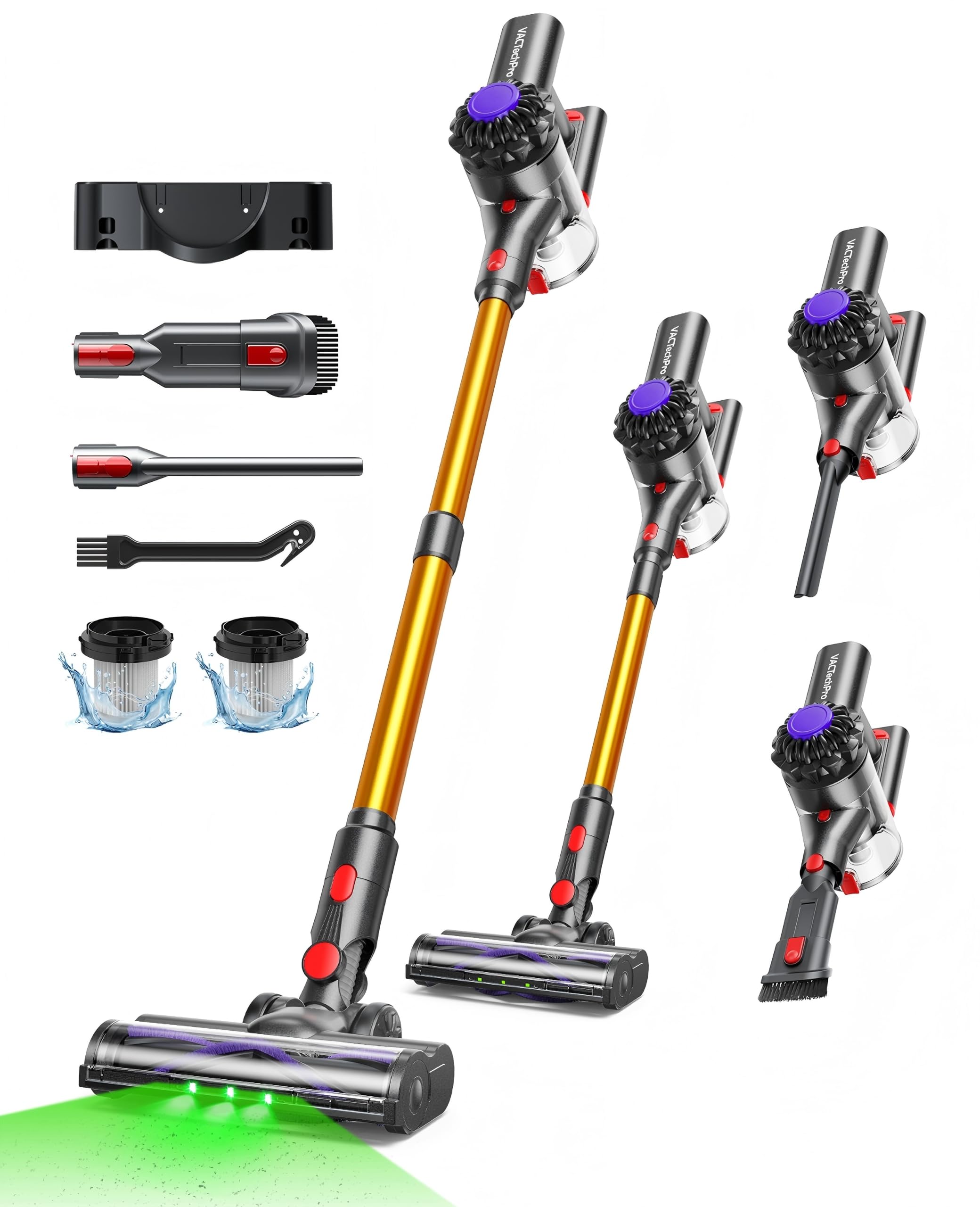 VACTechPro Cordless Vacuum Cleaner, 35KPa/45Mins Lightweight Stick Vacuum | 6-in-1 Multi-Accessories, with Detachable Battery, Anti-Tangled, Green Light & V-Shaped Rotation Brush