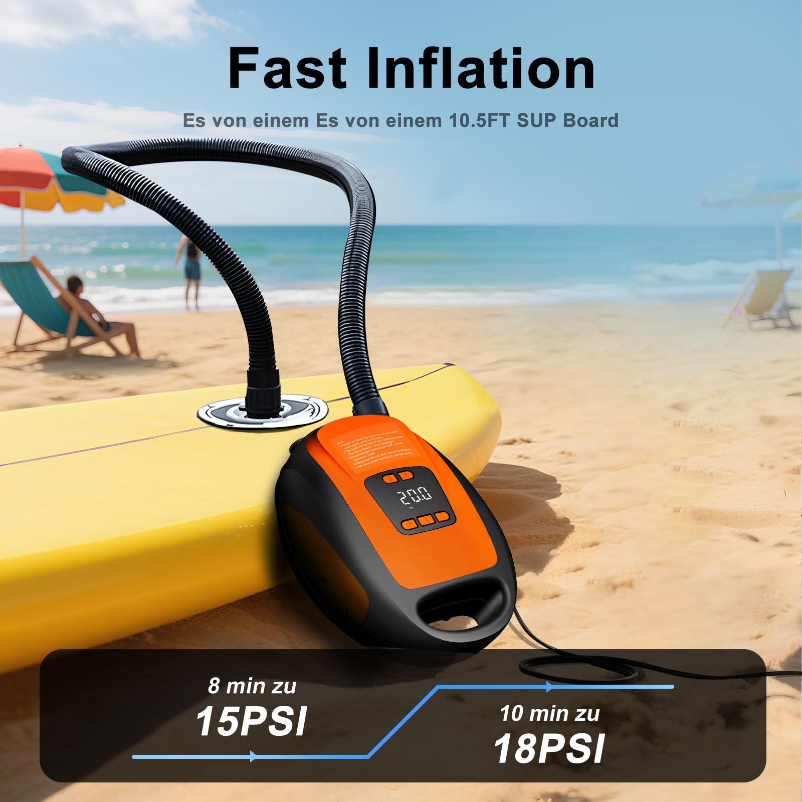 Pompa elettrica SUP 20 PSI, 12 V, pompa ad aria ad alta pressione con auto-off, display LCD, luce LED, 7 adattatori per stand up paddle board gonfiabile, kayak
