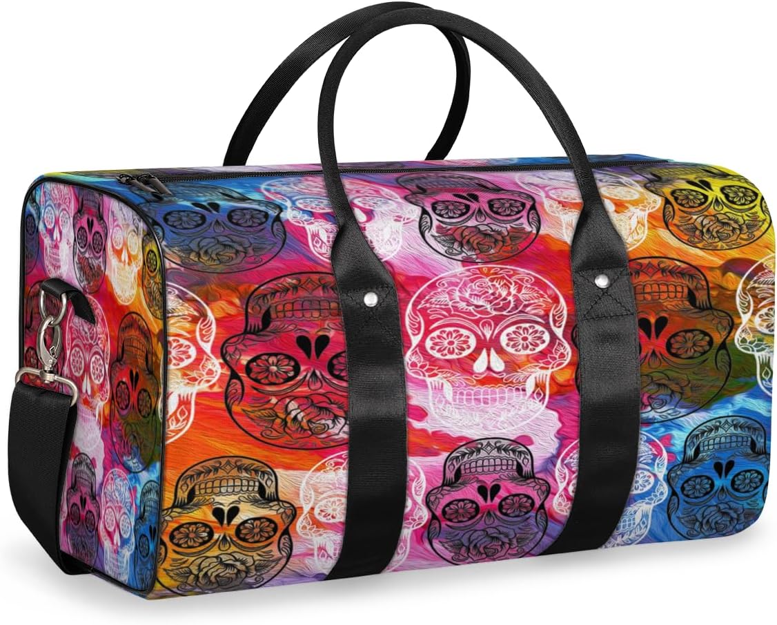 Hand Painted Colorful Skulls Travel Duffel Bag for Women Men Large Capacity Overnight Weekender Bags for Lightweight Waterproof Sport Gym Bag for Workout Yoga Swim