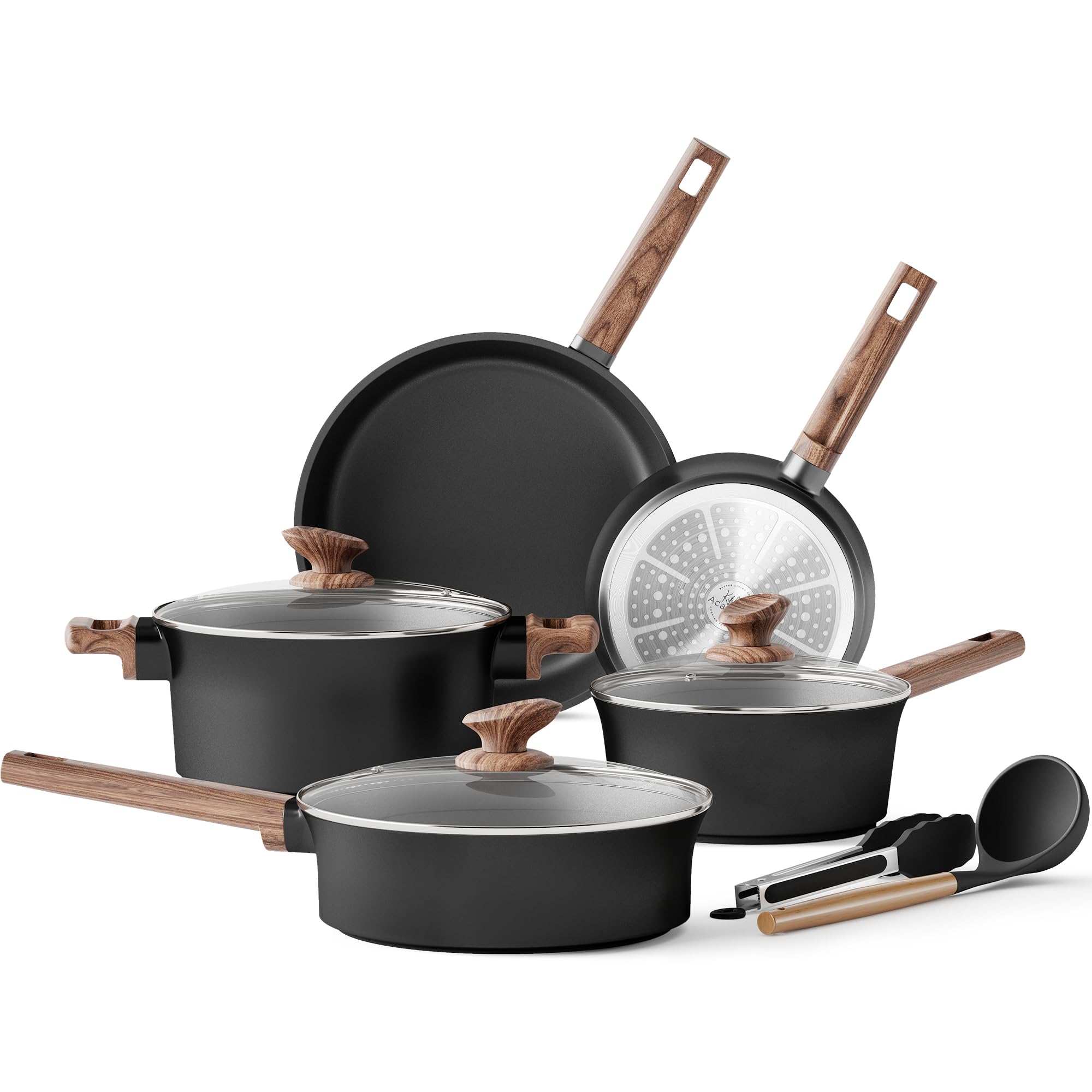 Kitchen Academy - Set di Pentole e Padelle a Induzione, in Ceramica, con Rivestimento Antiaderente, in Alluminio, Set di Pentole Antiaderenti con Coperchio 2 Utensili in Silicone (Nero, 10 pezzi)