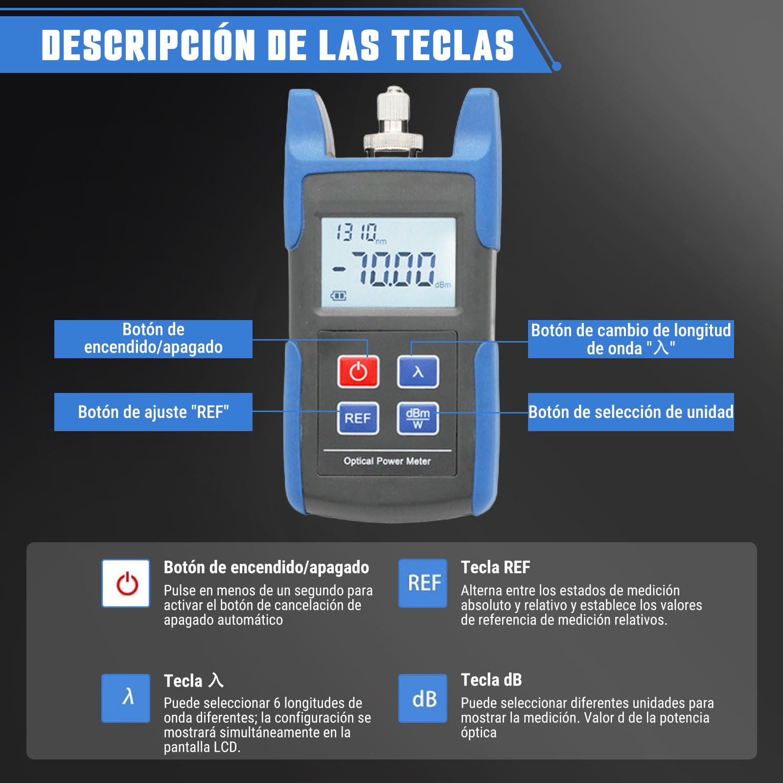 Medidor de Potencia de Fibra óptica, -70~10dbm Portátil Medidor de Potencia óptica Optical Power Meter, Probador de Fibra ópticas con 850-1625nm 6 Longitudes de Onda de Calibración Para FC/PC SC/PC