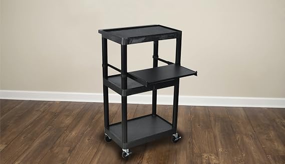LUXOR LP34LE-B AV Cart with Three Shelves, Front Pullout Shelf, 300 lbs. Weight Capacity, 24W x 18D x 34H, 15' Cord
