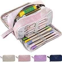 Large Capacity Cord Pencil Case with 3 Compartments - Simple Pencil Case Organiser for Adults, Multifunctional Stationery Storage Box (Pink)