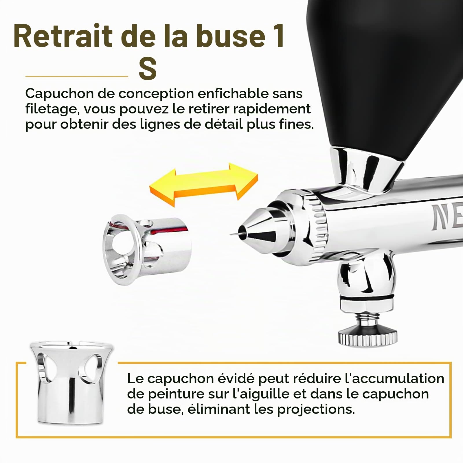 NEOECO SJ83 Aérographe, buse enfichable à centrage automatique, ensembles de buses de 0,2, 0,3 et 0,5 mm et tasse en oz, aérographe à double action avec tasses de rechange de 0,2 g et 4/85 g (noir)