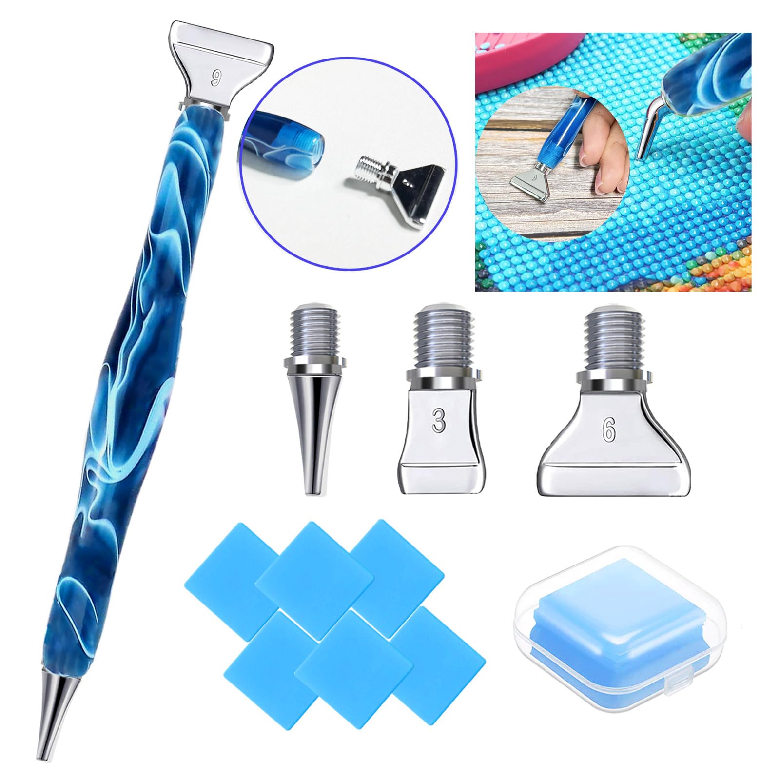 Diamond Art Tools Diamond Painting Accessories Kits with Screw Metal Tip Diamond Painting Pen Drill Bead Dot Pens for Art Craft Nail No Longer Loose (Blue Pen Silver 3)