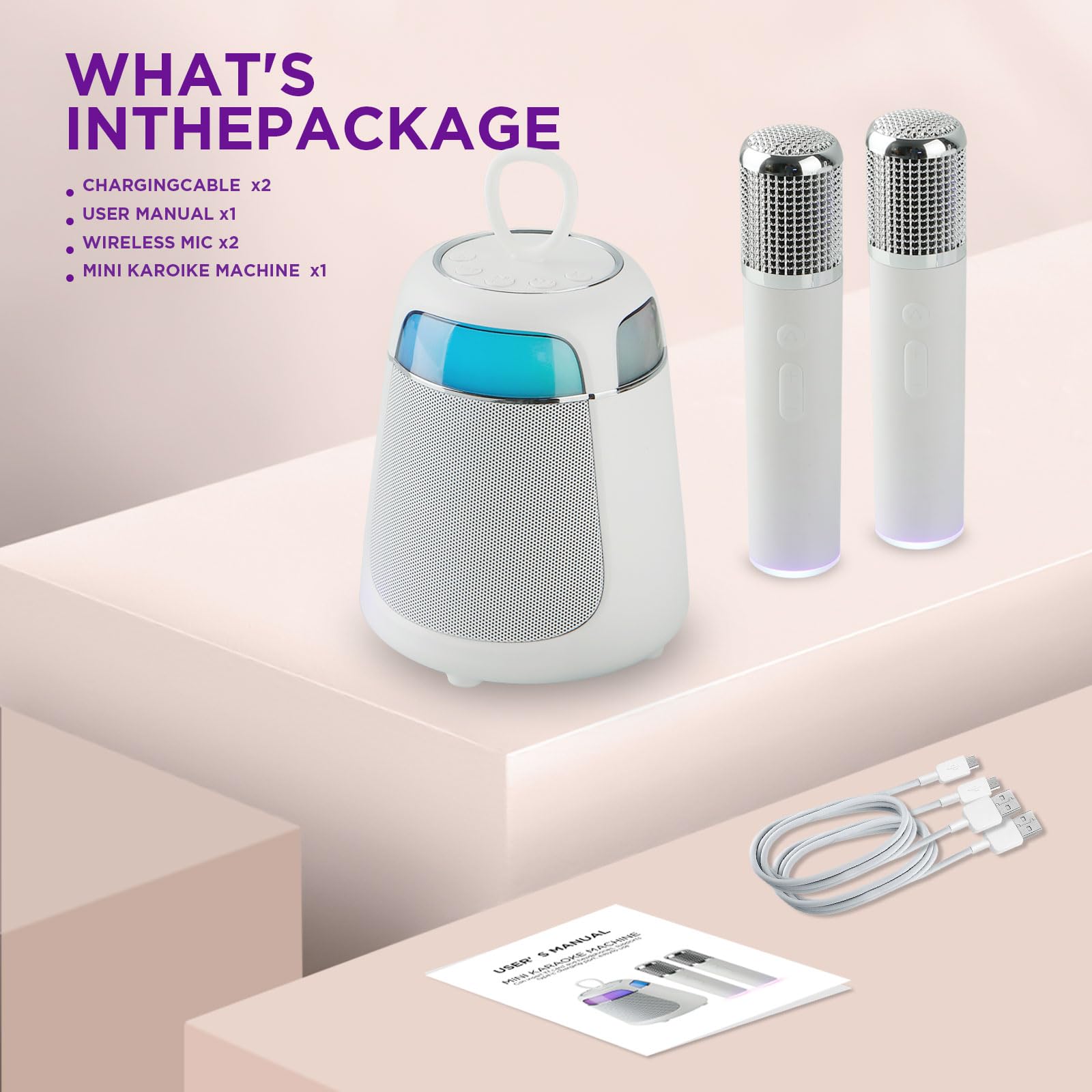 Mini máquina de karaoke, altavoz Bluetooth portátil con 2 micrófonos inalámbricos para adultos y niños, micrófono de karaoke con sistema PA compatible con USB/Tf/Aux para fiestas en casa