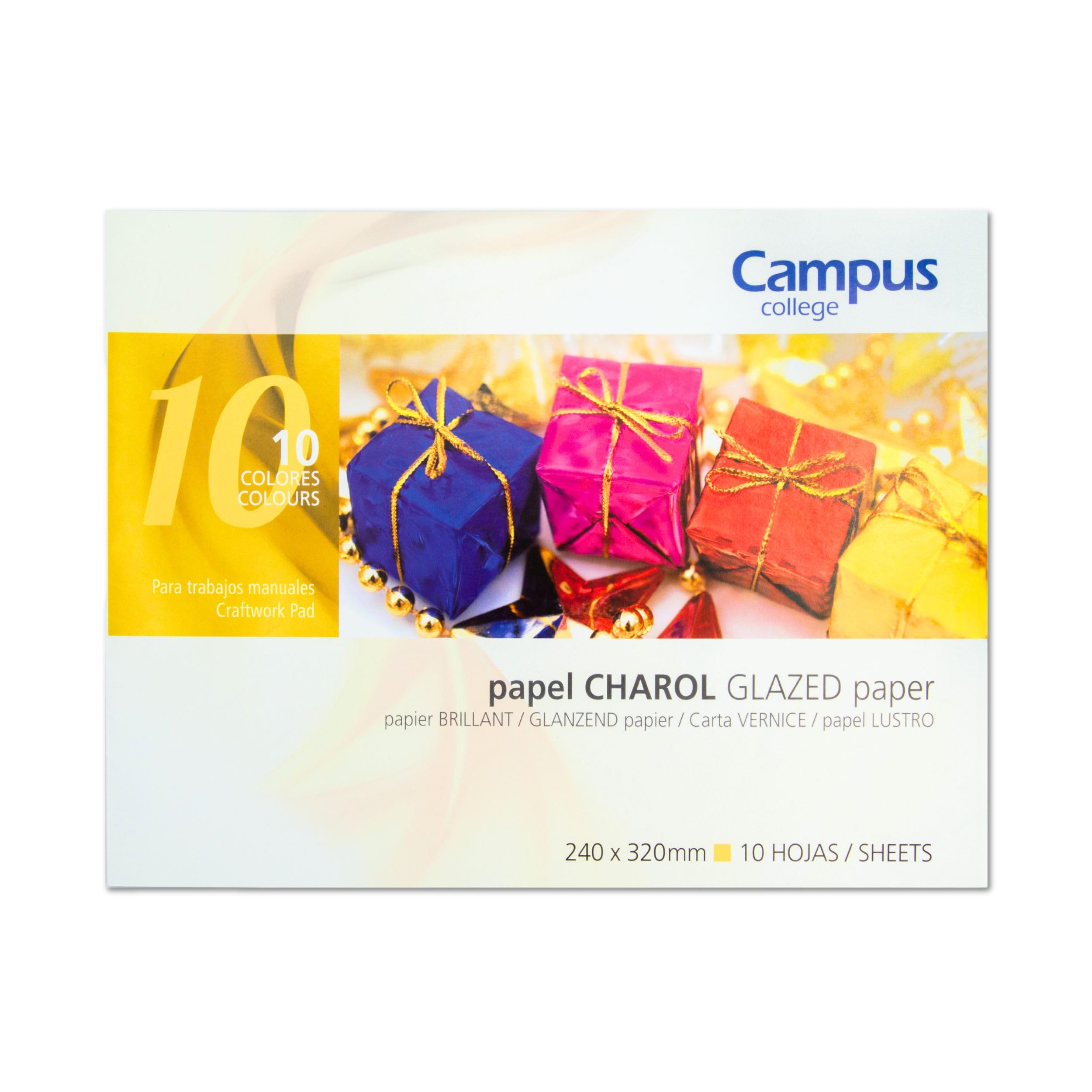 Campus – Bloc de Papel Charol, 10 Hojas de Papel Charol para Manualidades, Surtido de 10 Colores, Juego de Papel Satinado para Scrapbooking Tamaño Folio (240 x 320 mm)
